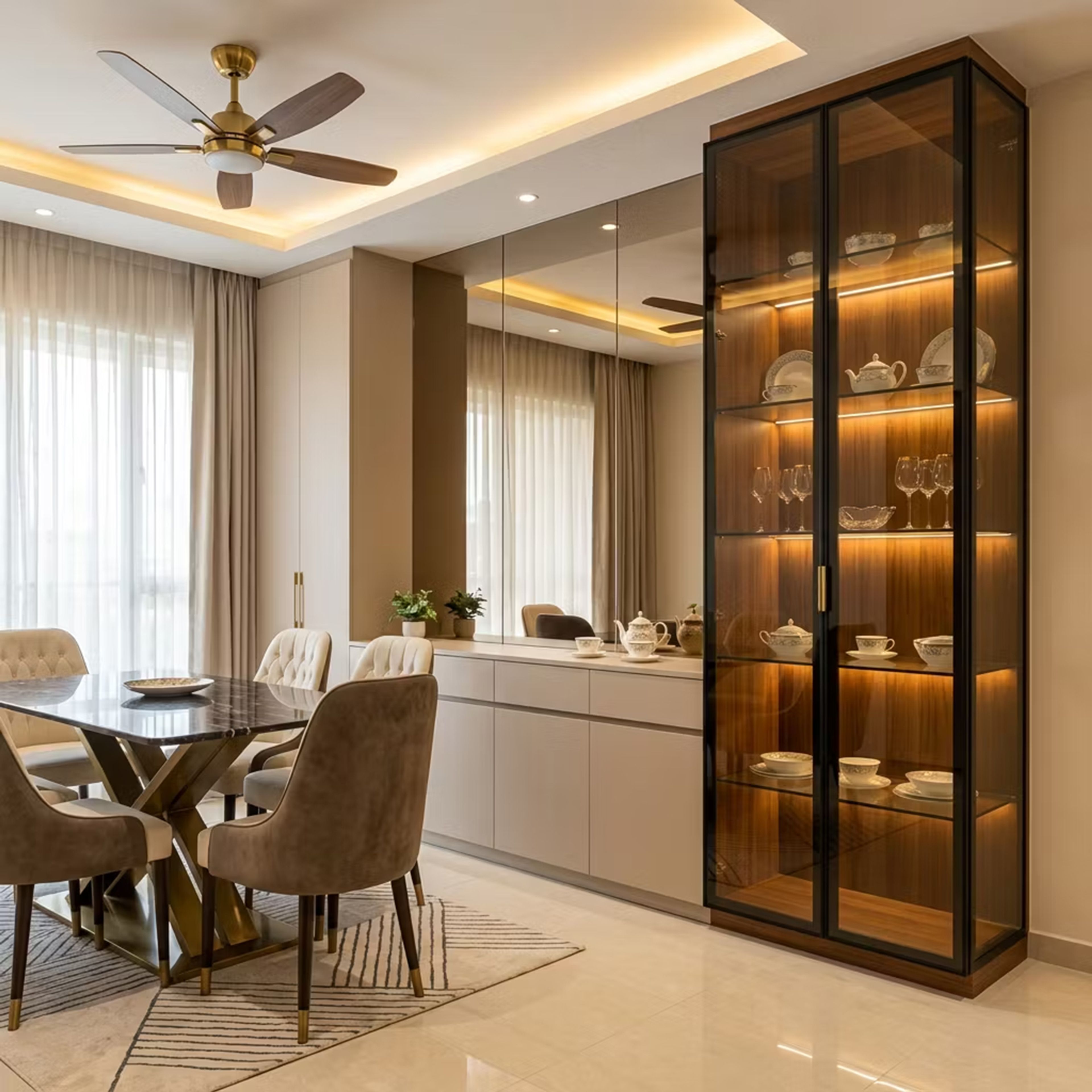 Modern Crockery Unit Design with Extended Credenza and Glass Cabinet