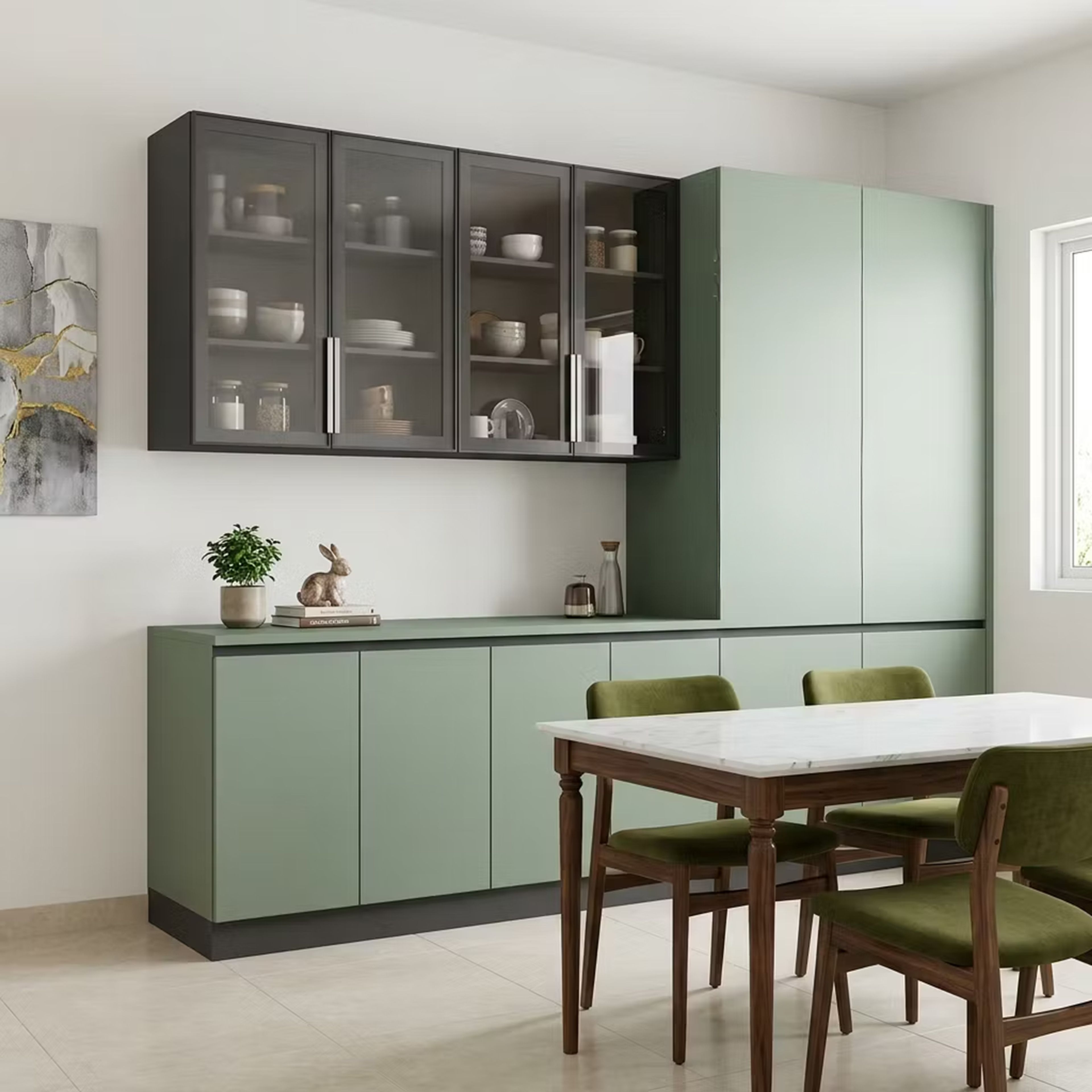 Scandinavian Blue Crockery Unit Design with Full-height Pantry Cabinet