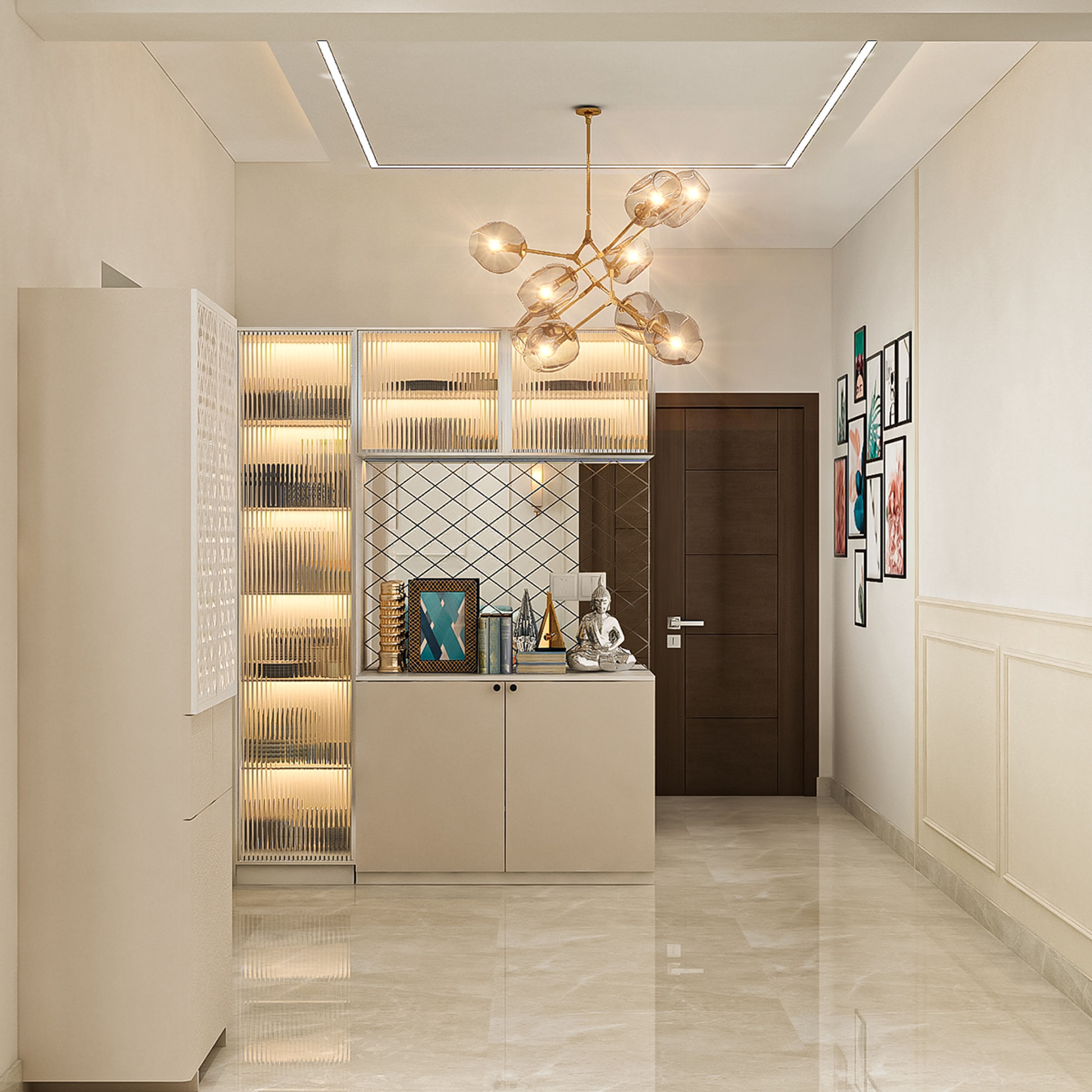 Cream Crockery Unit with Tall Glass Display Tower And Central Counter