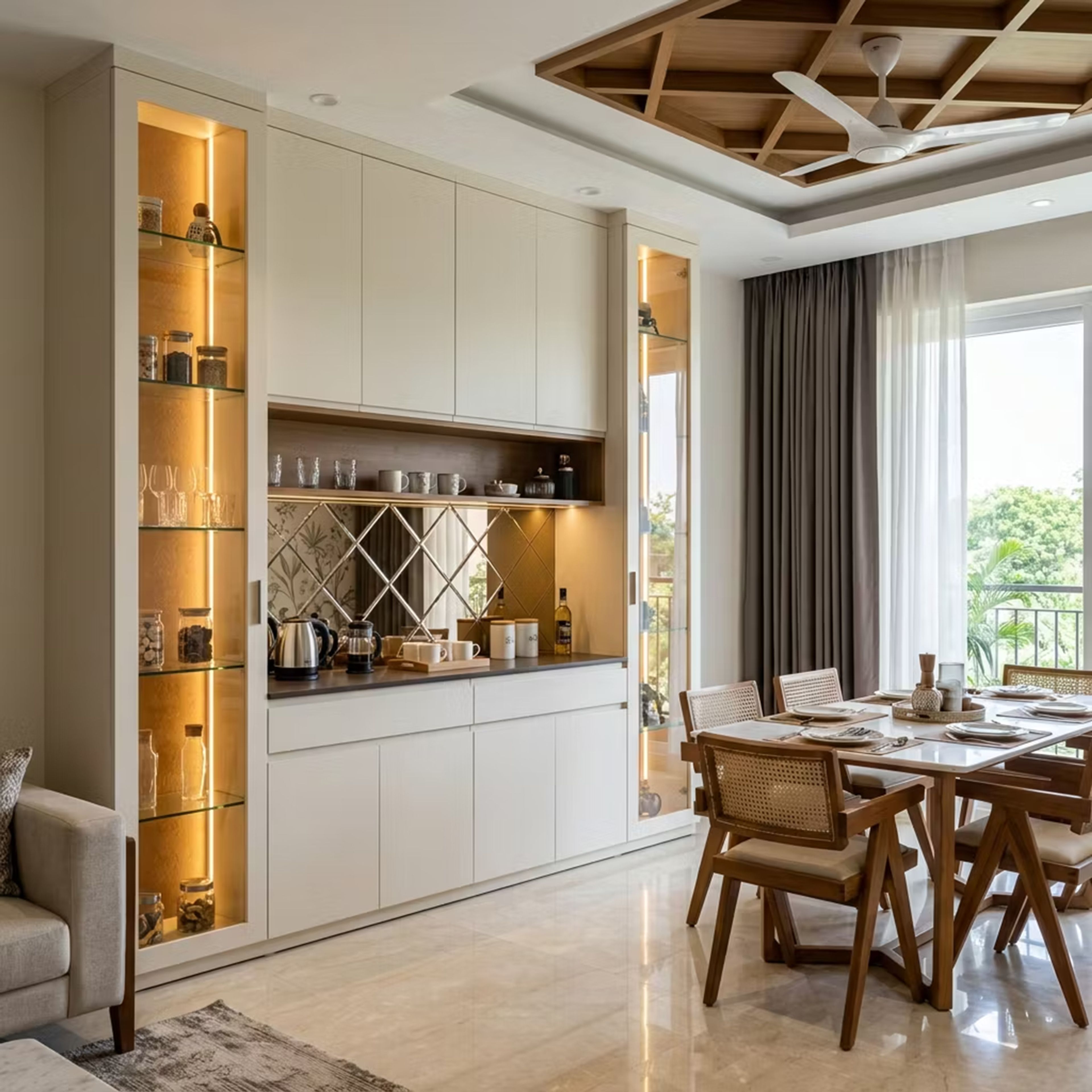 White Crockery Cabinet with Twin Glass Towers And Mirrored Backsplash