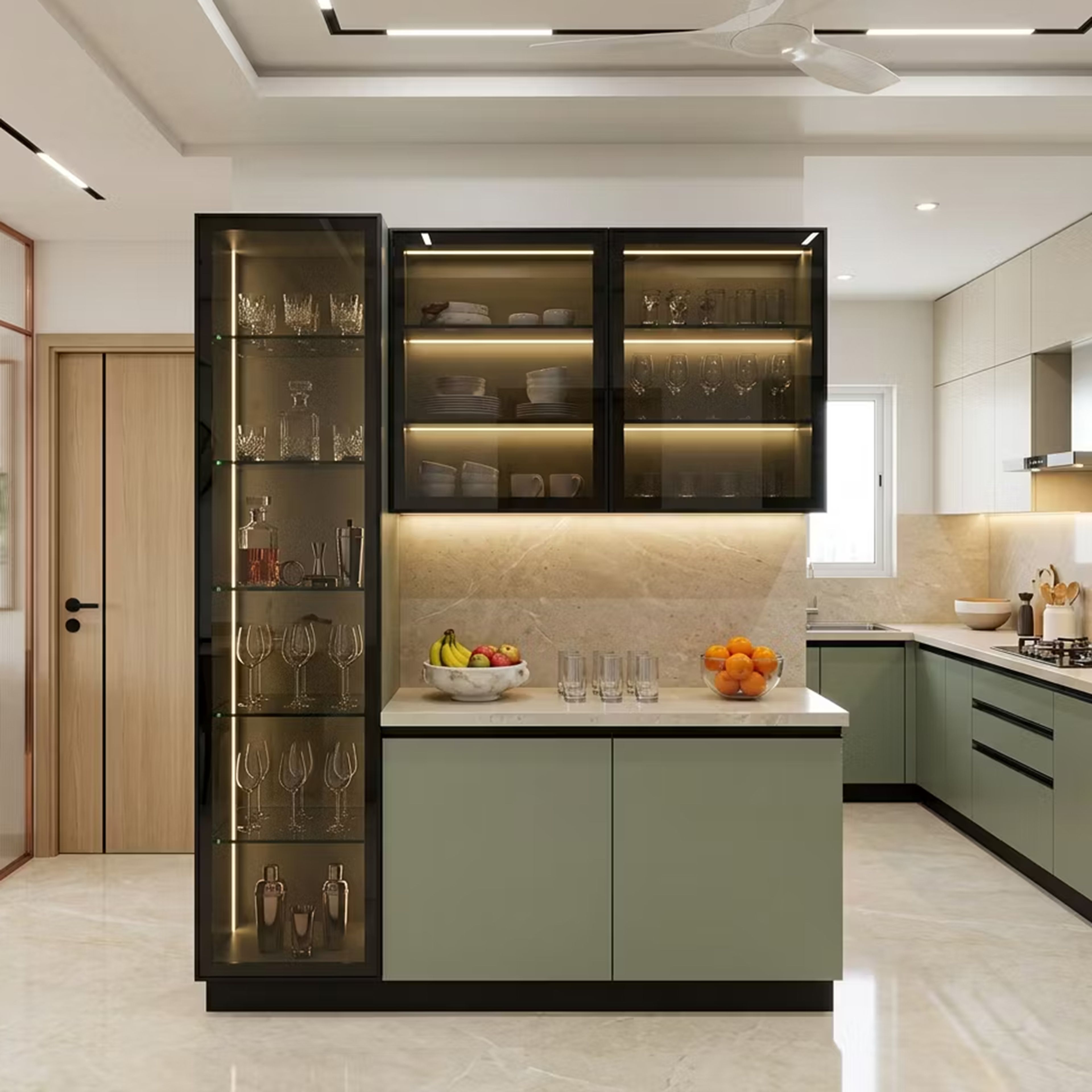 Blue Crockery Unit Featuring Tall Glass Cabinet And Serving Counter