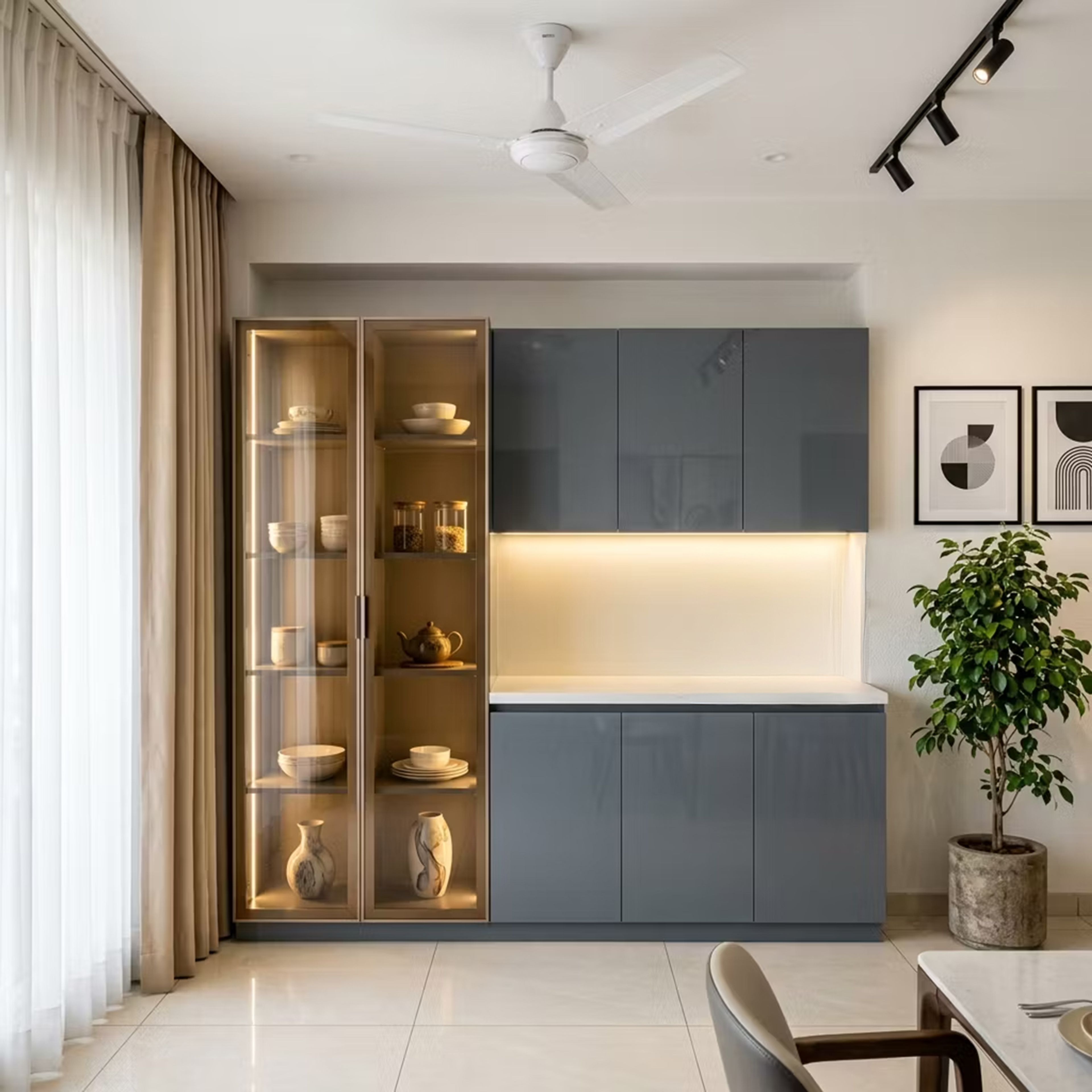 Blue Crockery Cabinet with Glass Display And Countertop