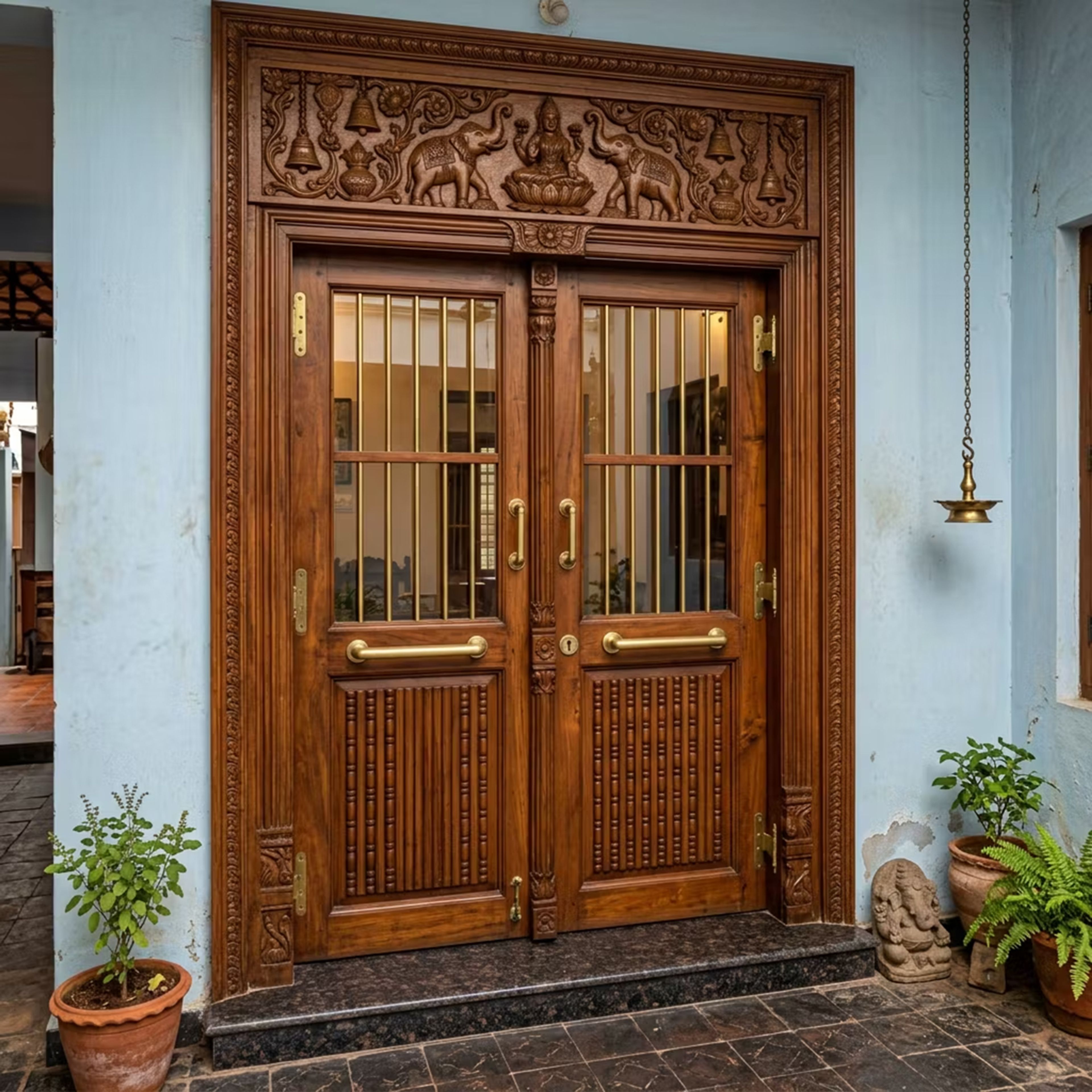 Traditional Swing Double Door Design with Carved Lakshmi and Elephants