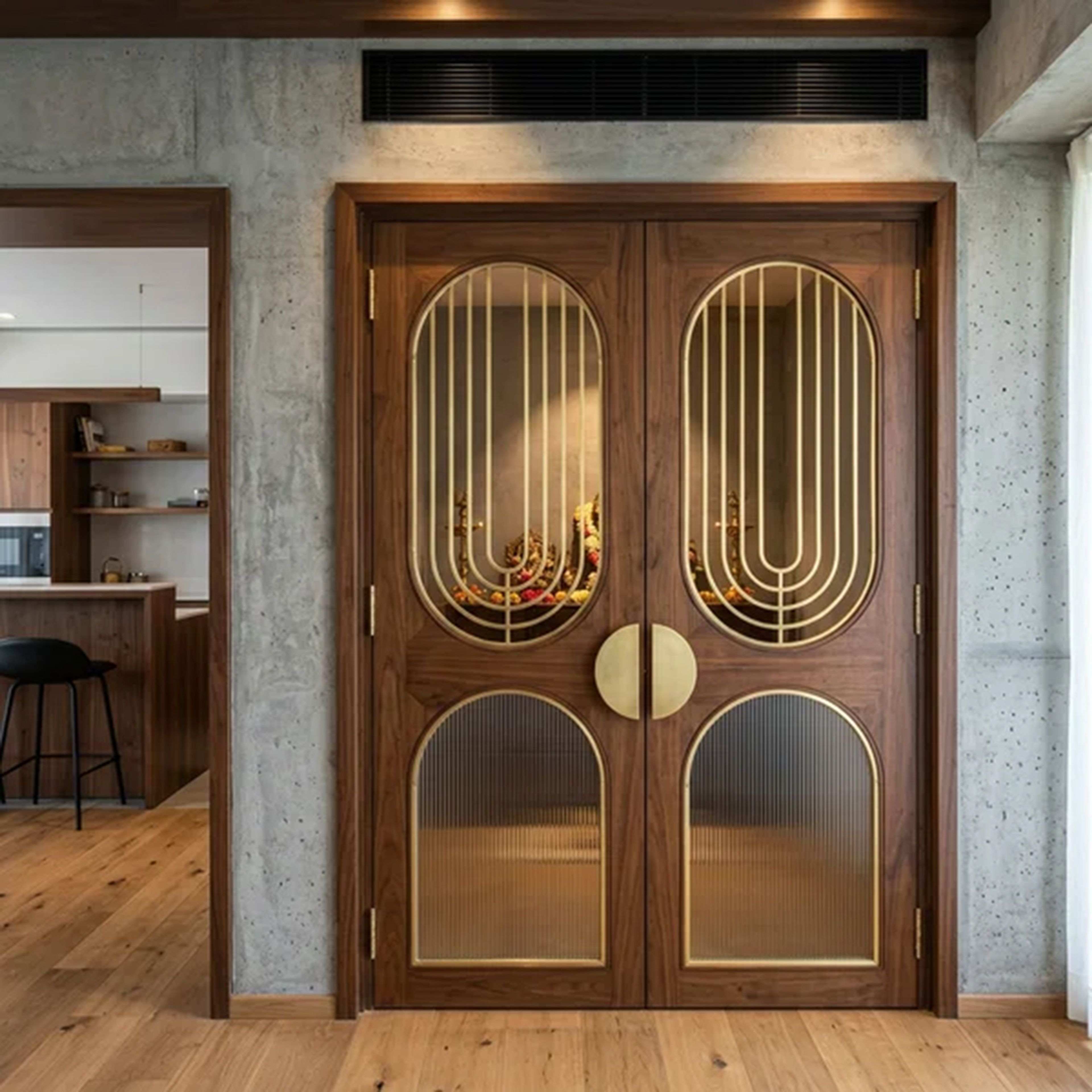 Mid-century Modern Double Door Design with Brass Circular Handle Detail