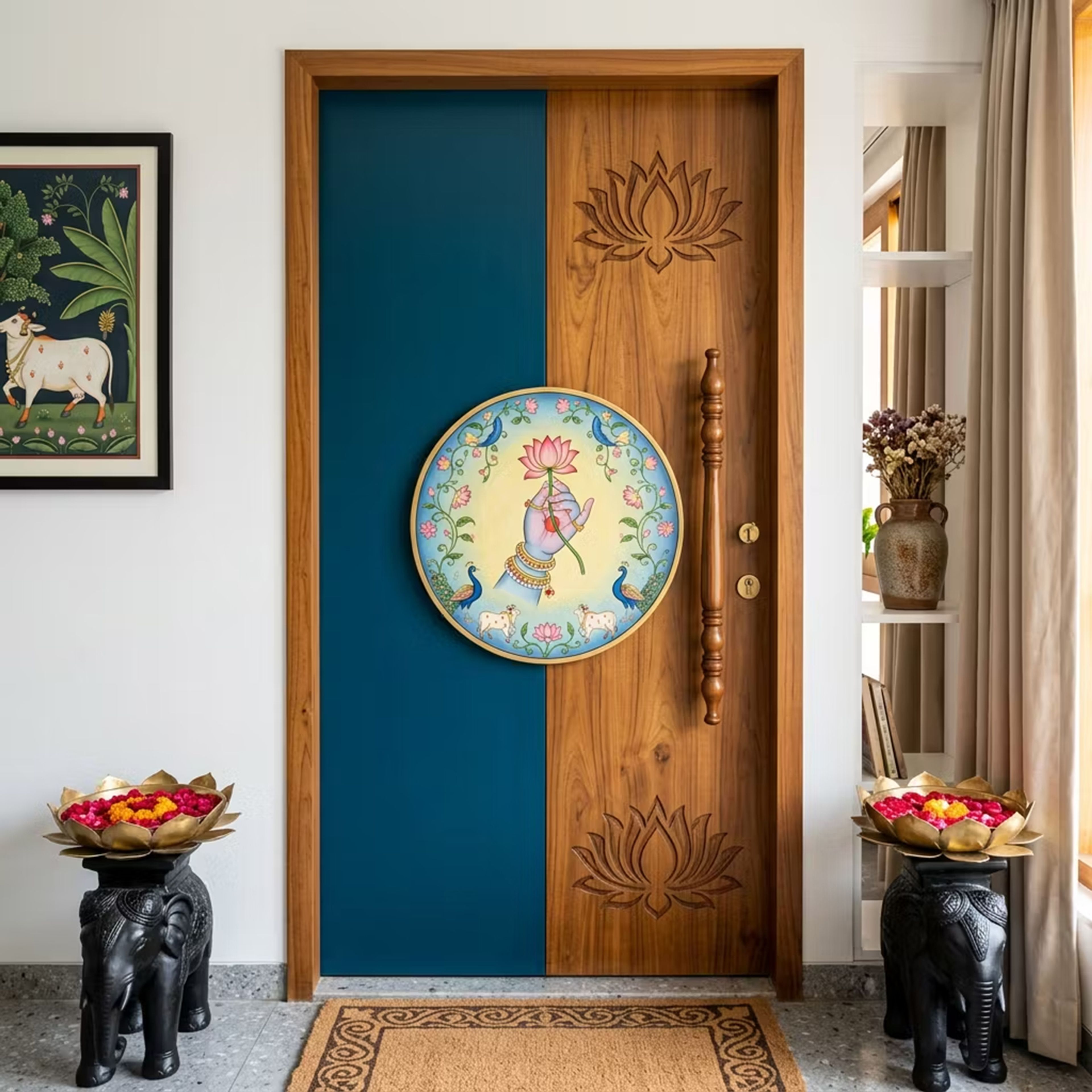 Contemporary Matte Teal and Wood Door Design with Botanical Medallion Artwork