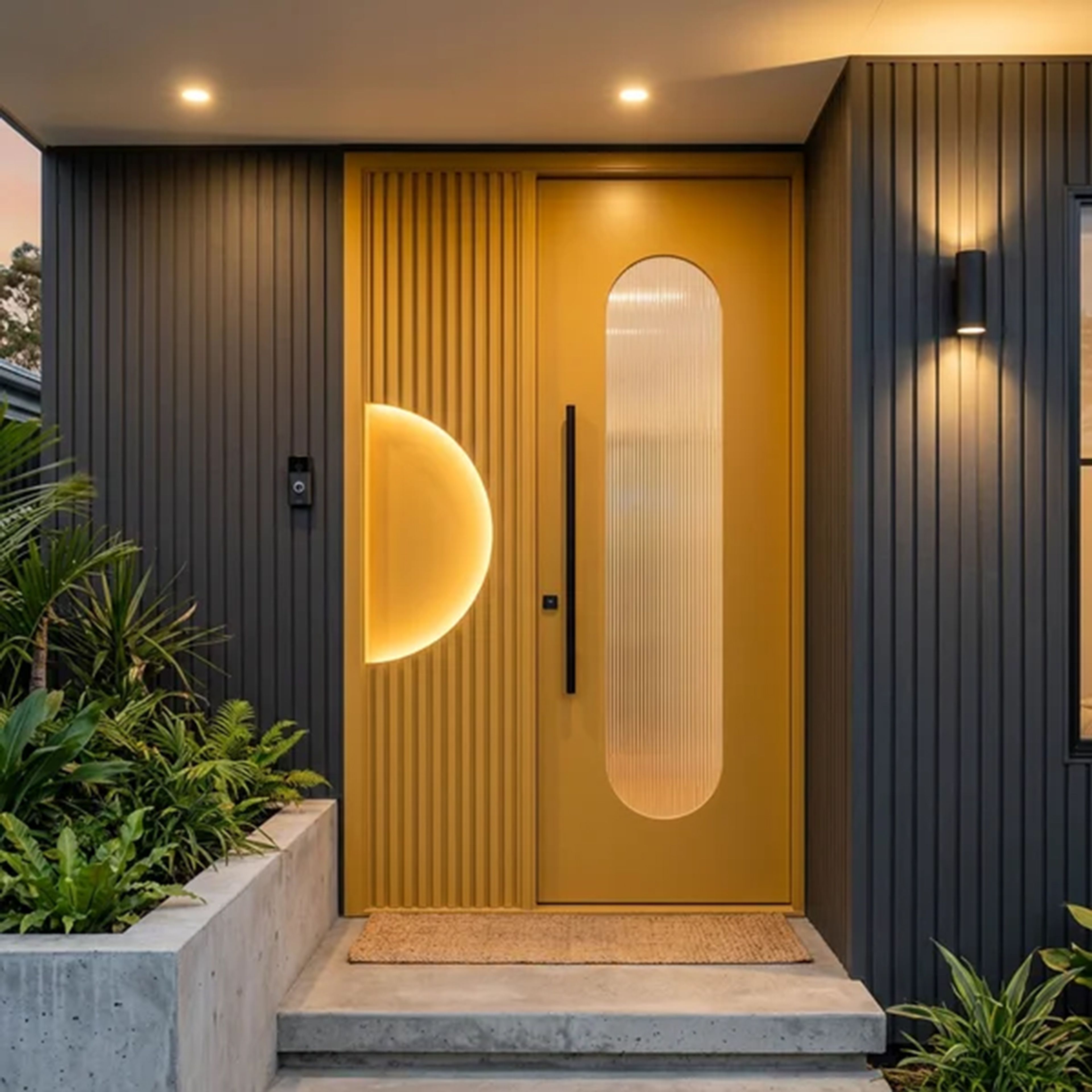 Modern Matte Mustard Door Design with Half-Moon LED Lighting