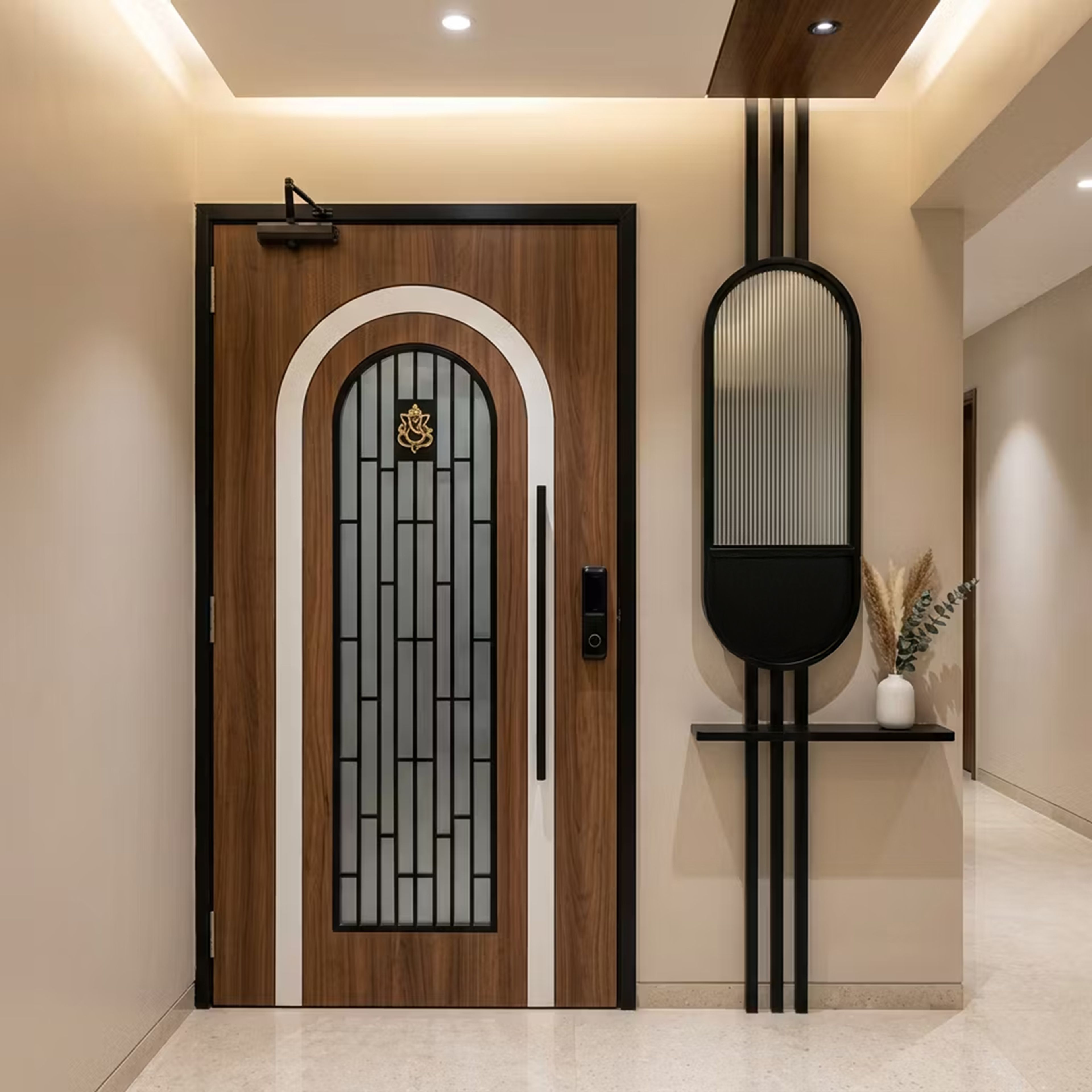 Contemporary Matte Walnut and White Door Design with Ganesha Motif Accent