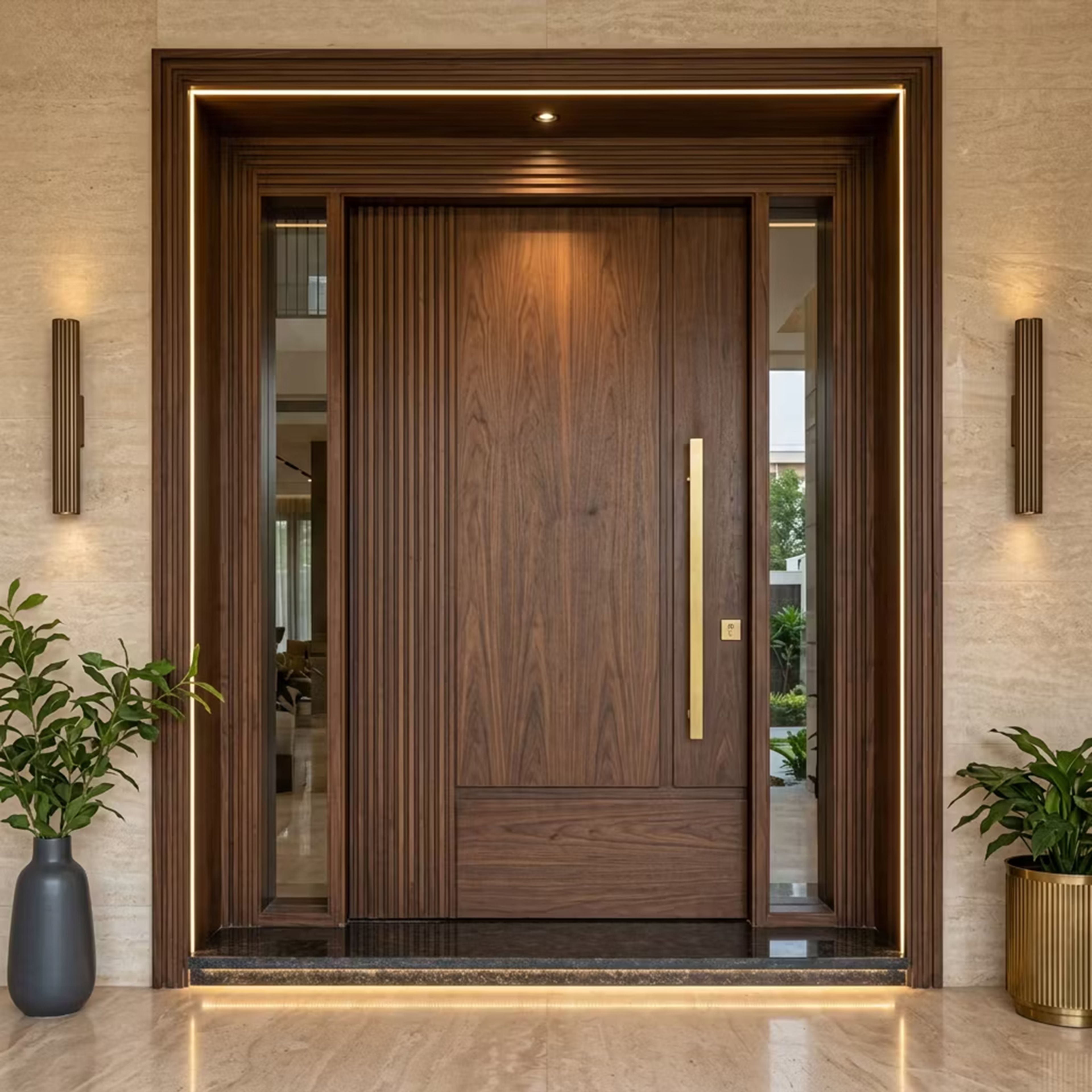 Single Entrance Door Design with Fluted Panelling and Brass Pull Handle