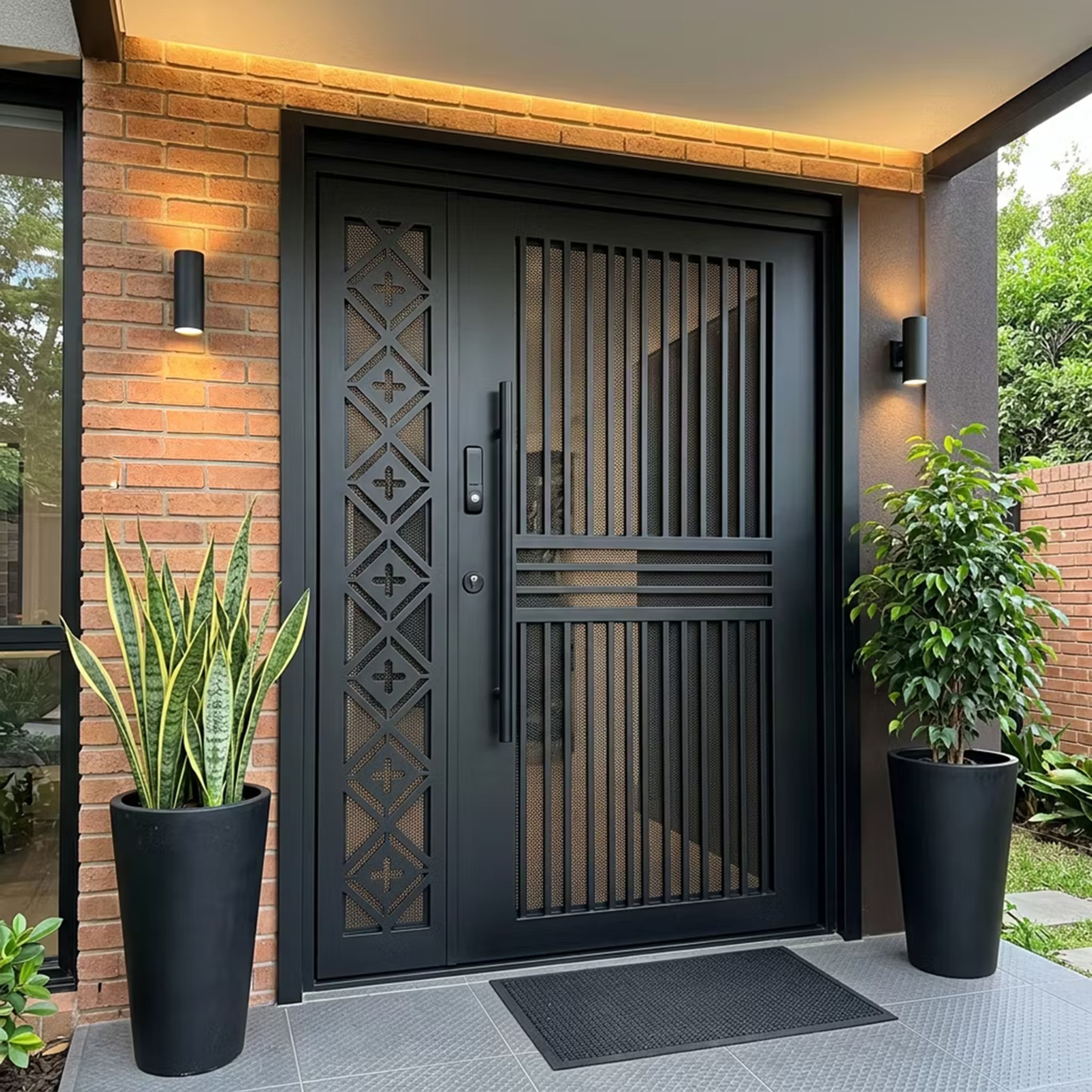 Single Entrance Door Design with Metal Slats and Lattice Sidelight Panel