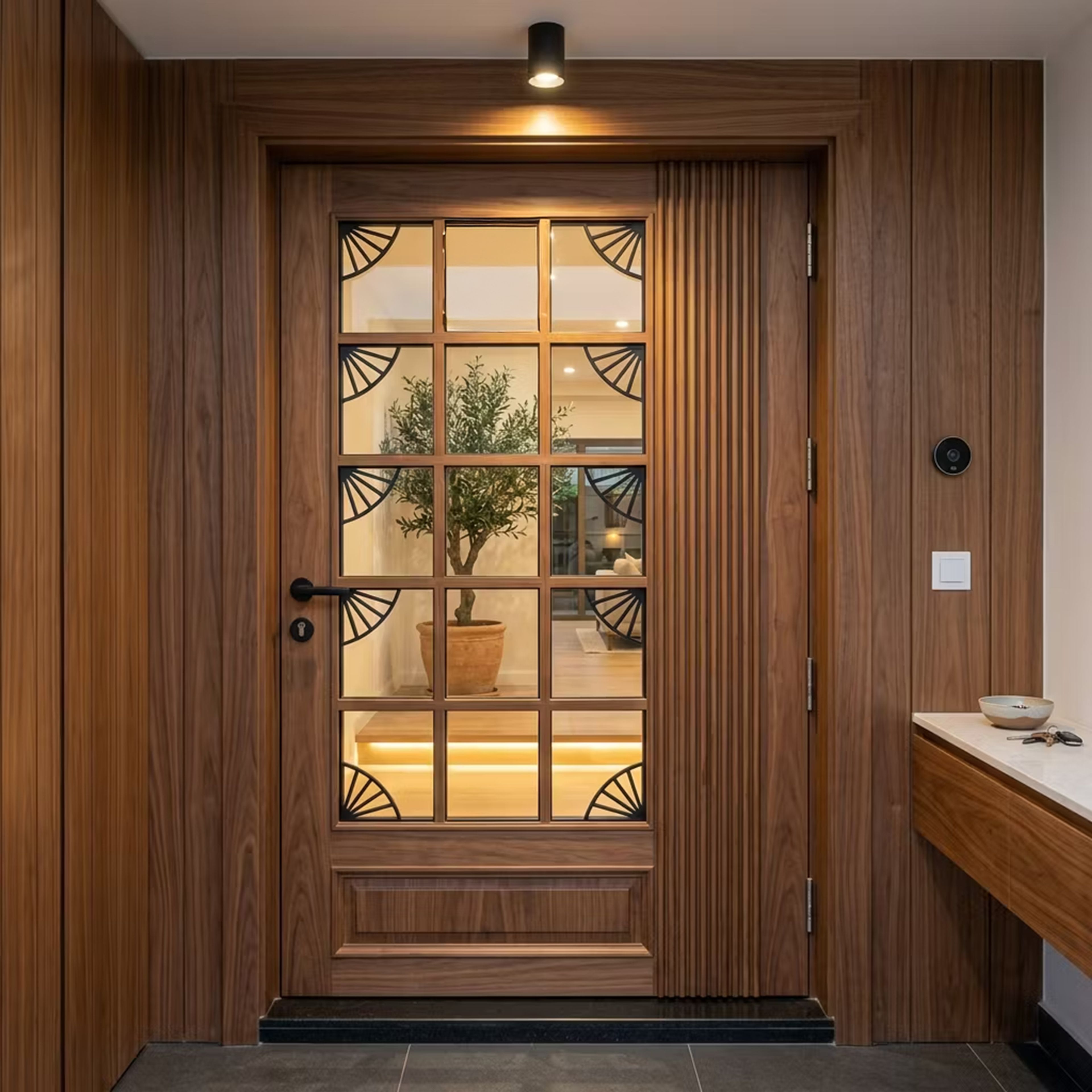 Single Entrance Door Design with Glass Insert and Fluted Side Panel