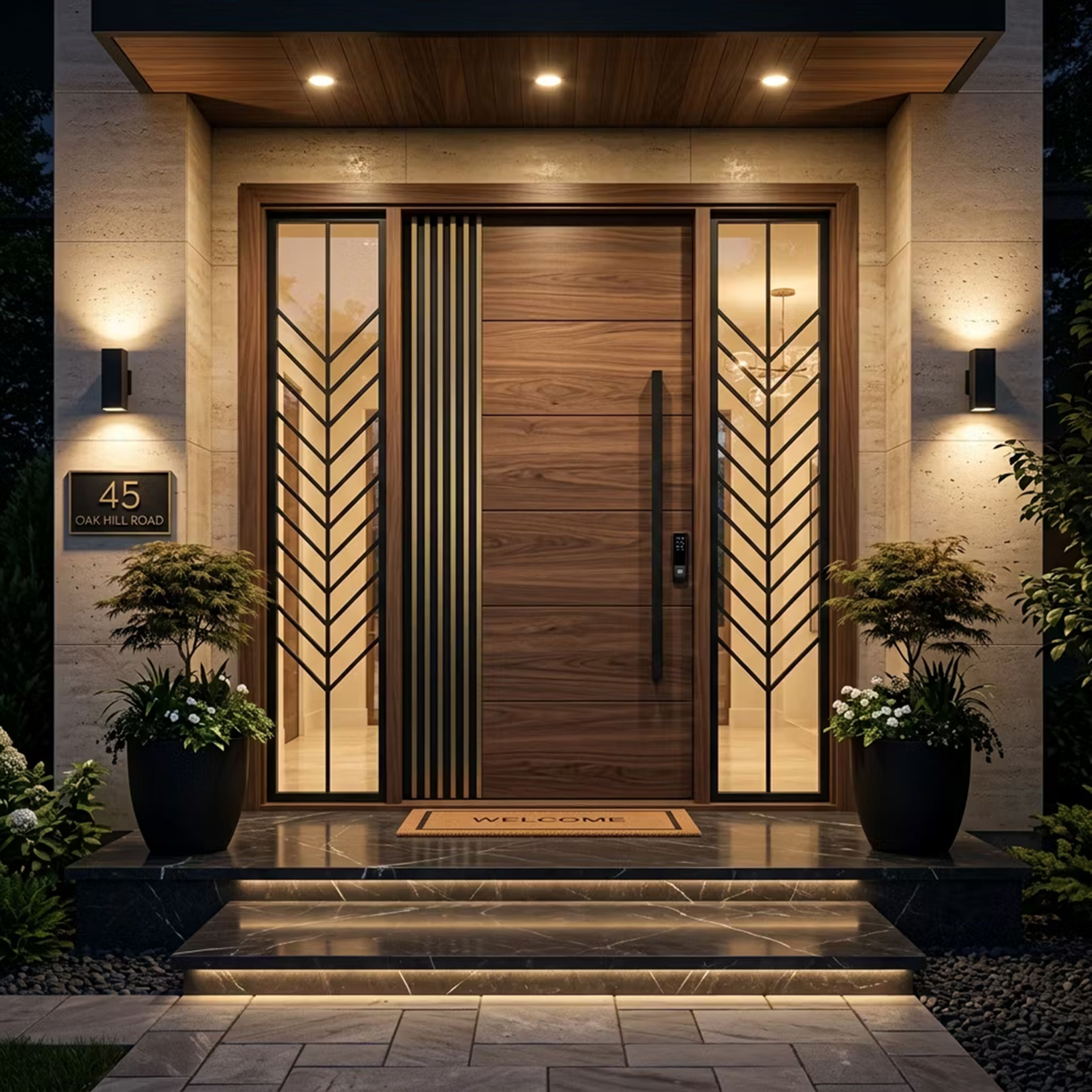 Single Entrance Door Design with Wood Planking and Chevron Glass Sidelights