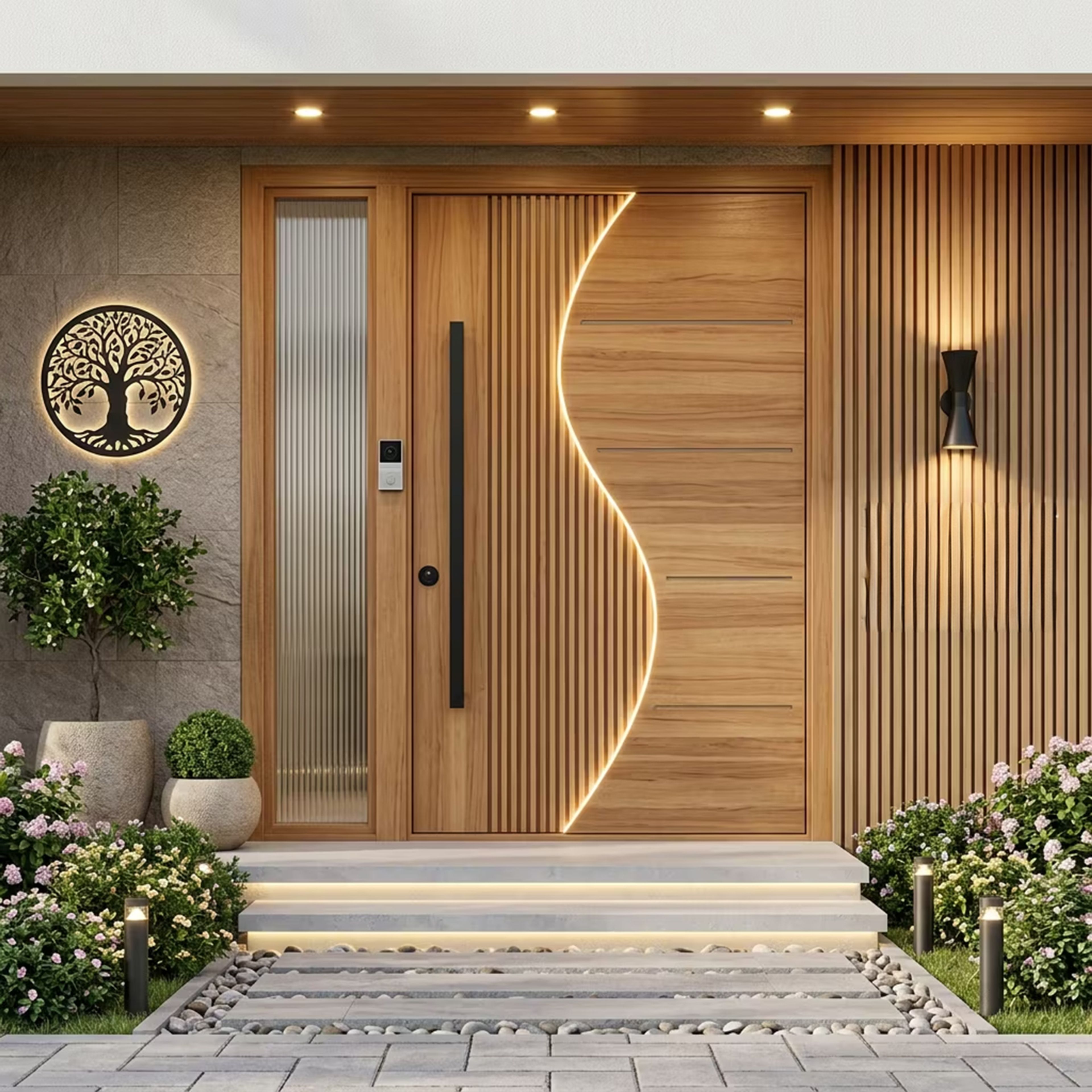 Single Entrance Door Design with Illuminated Fluting and Reeded Glass Sidelight