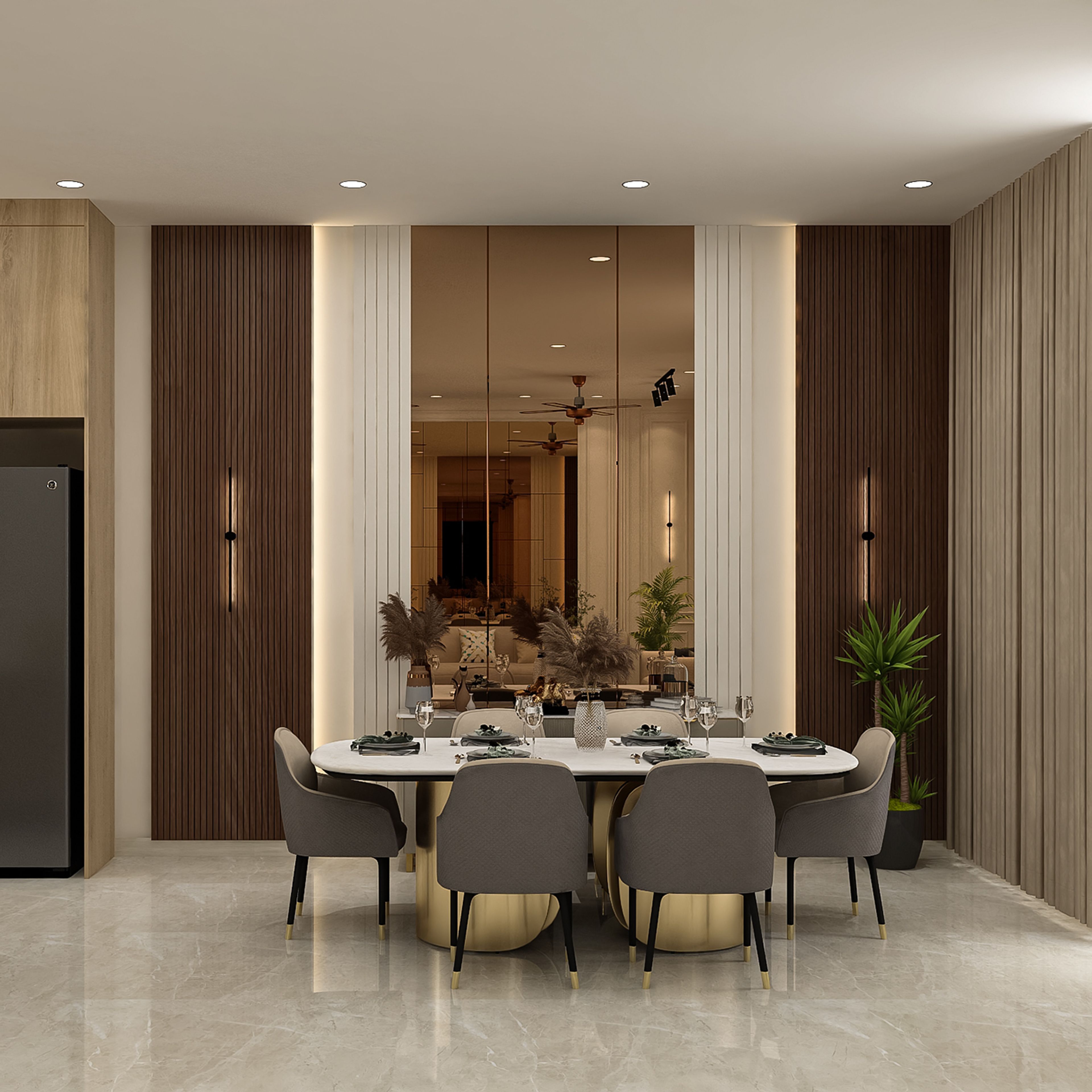 Contemporary Dining Room Design with Oval Marble Table and Mirror Wall
