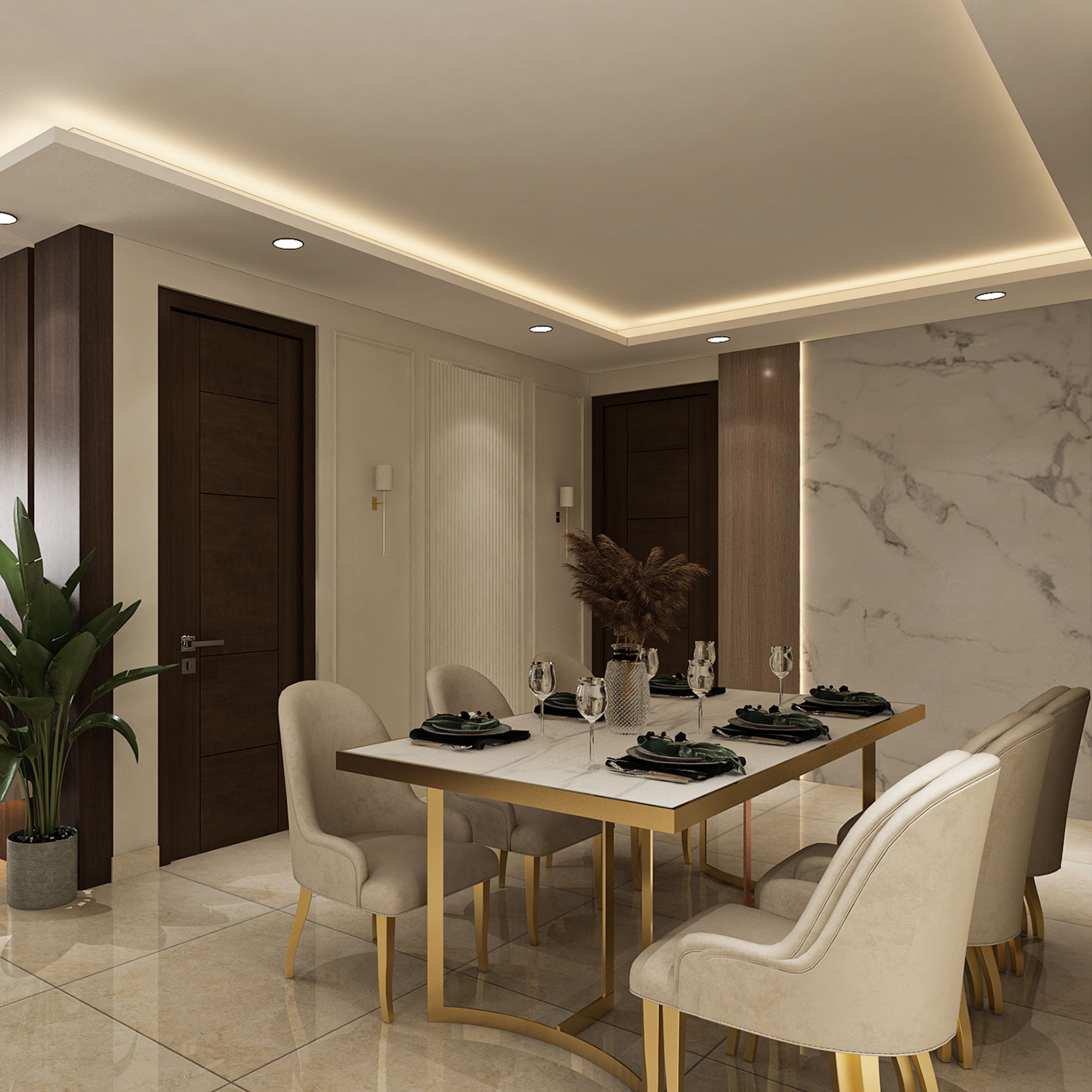 Classic Dining Room Design with Rectangular Marble Table and Velvet Chairs