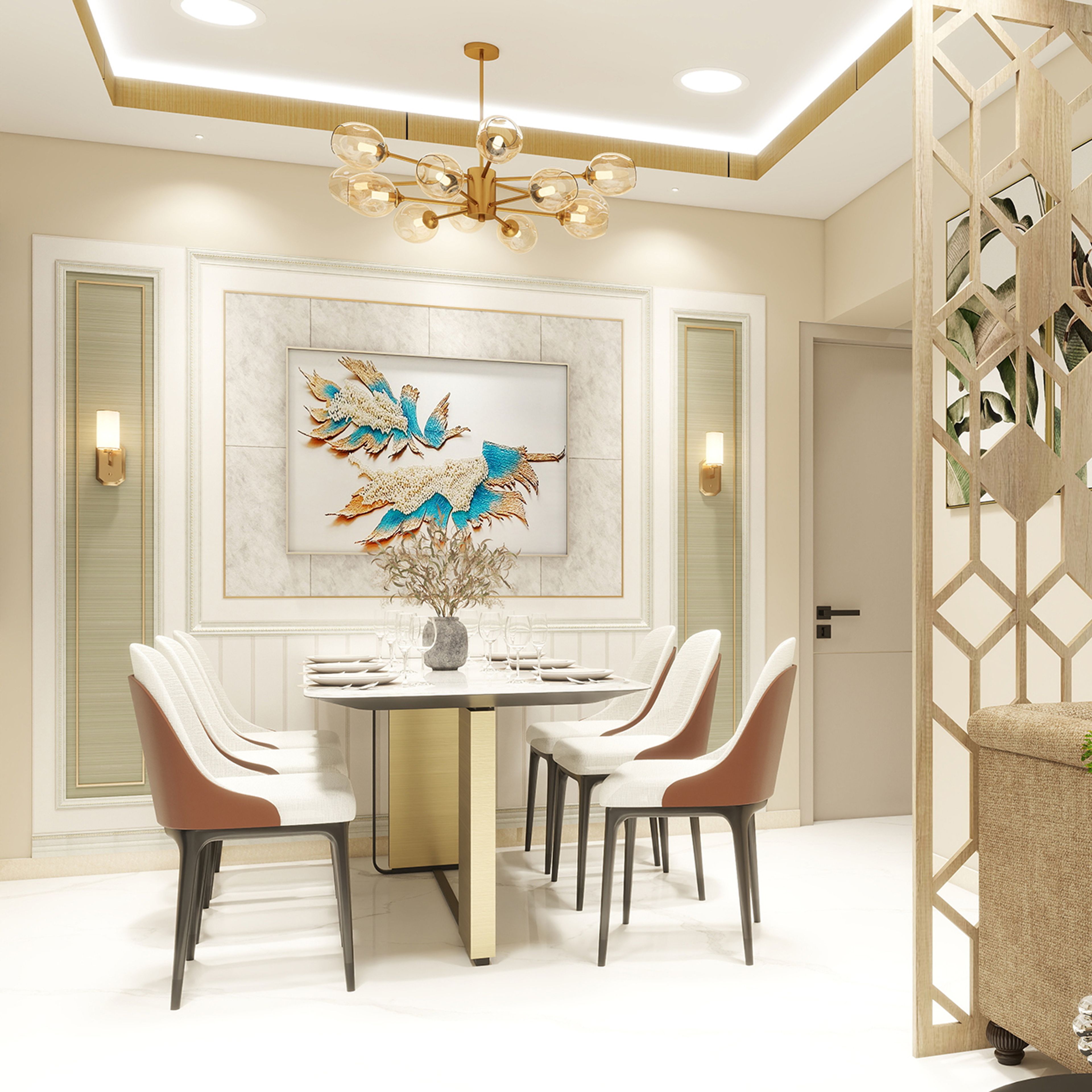 Classic Dining Room Design with Geometric Wooden Partition Screen