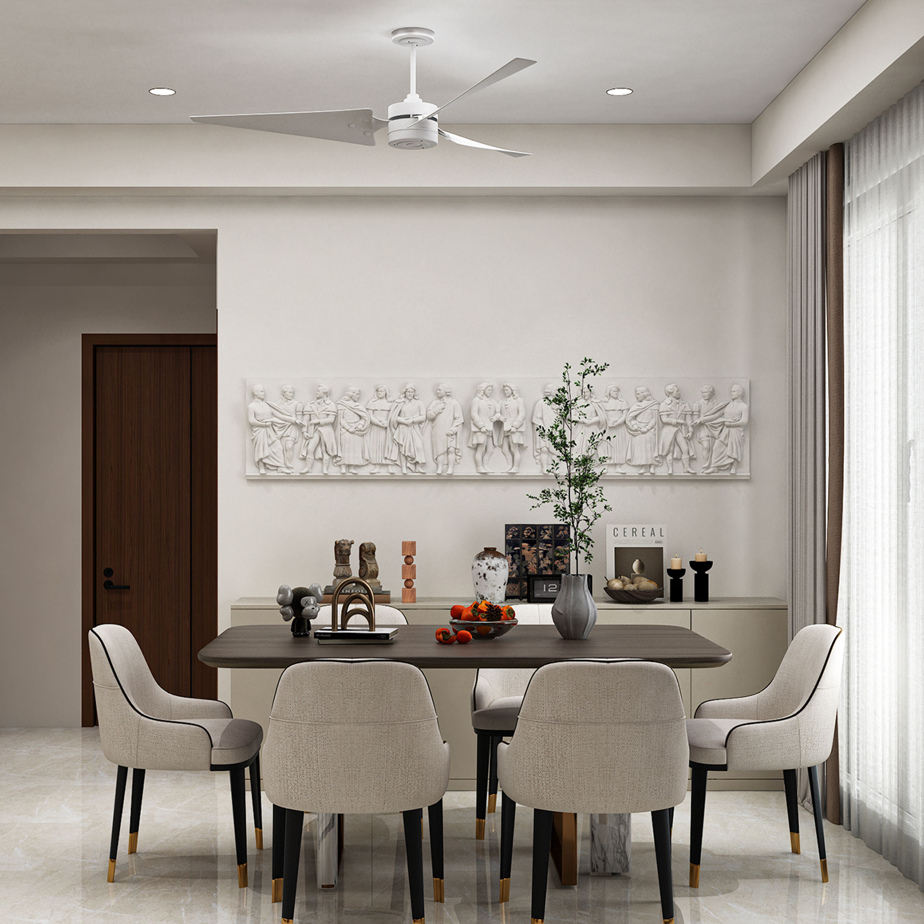 Modern Dining Room Design with Classical Relief Sculpture and Buffet Unit