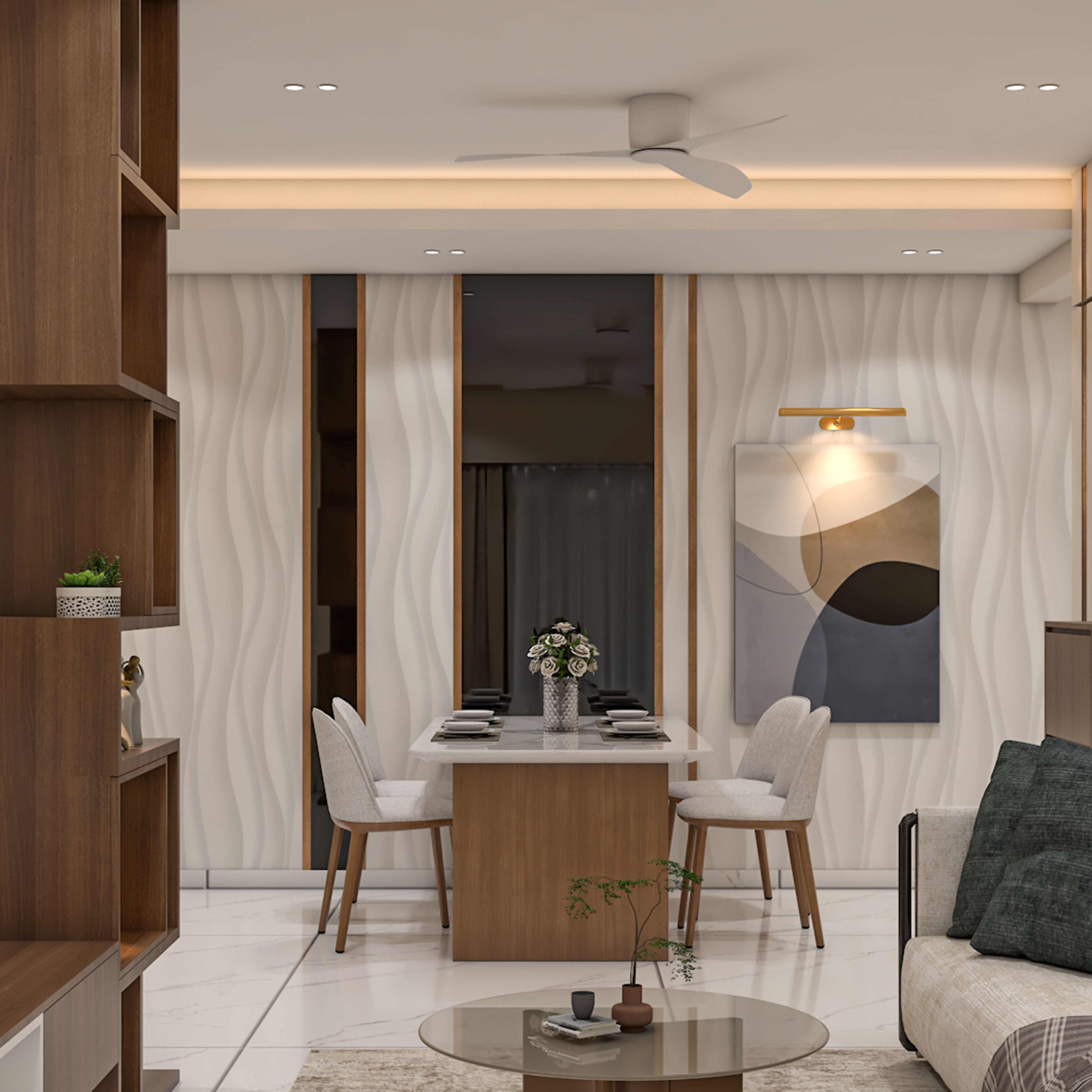 Contemporary Dining Room Design with Marble Table and Wavy Paneling