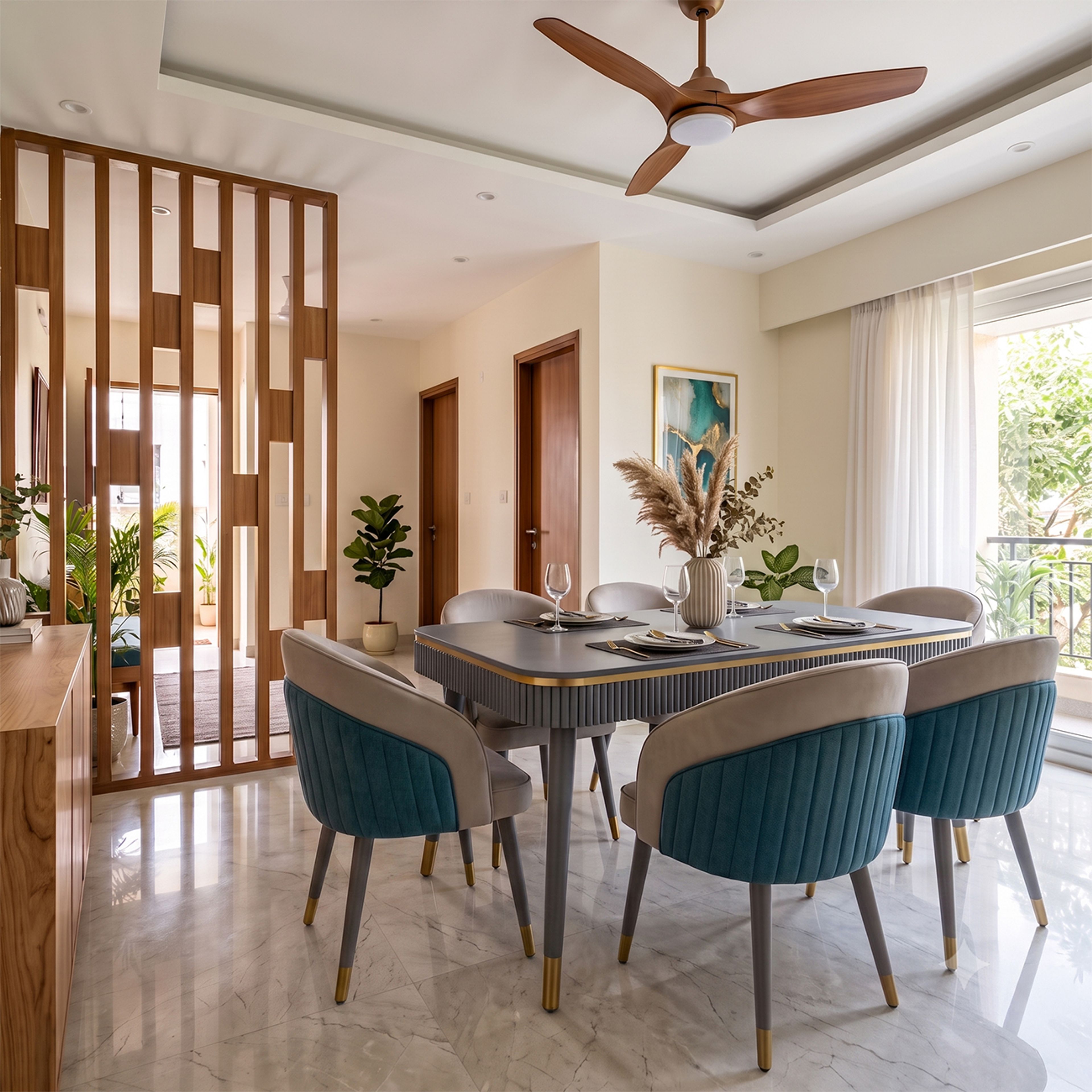Scandinavian Dining Room Design with Wooden Slatted Divider and Fluted Table