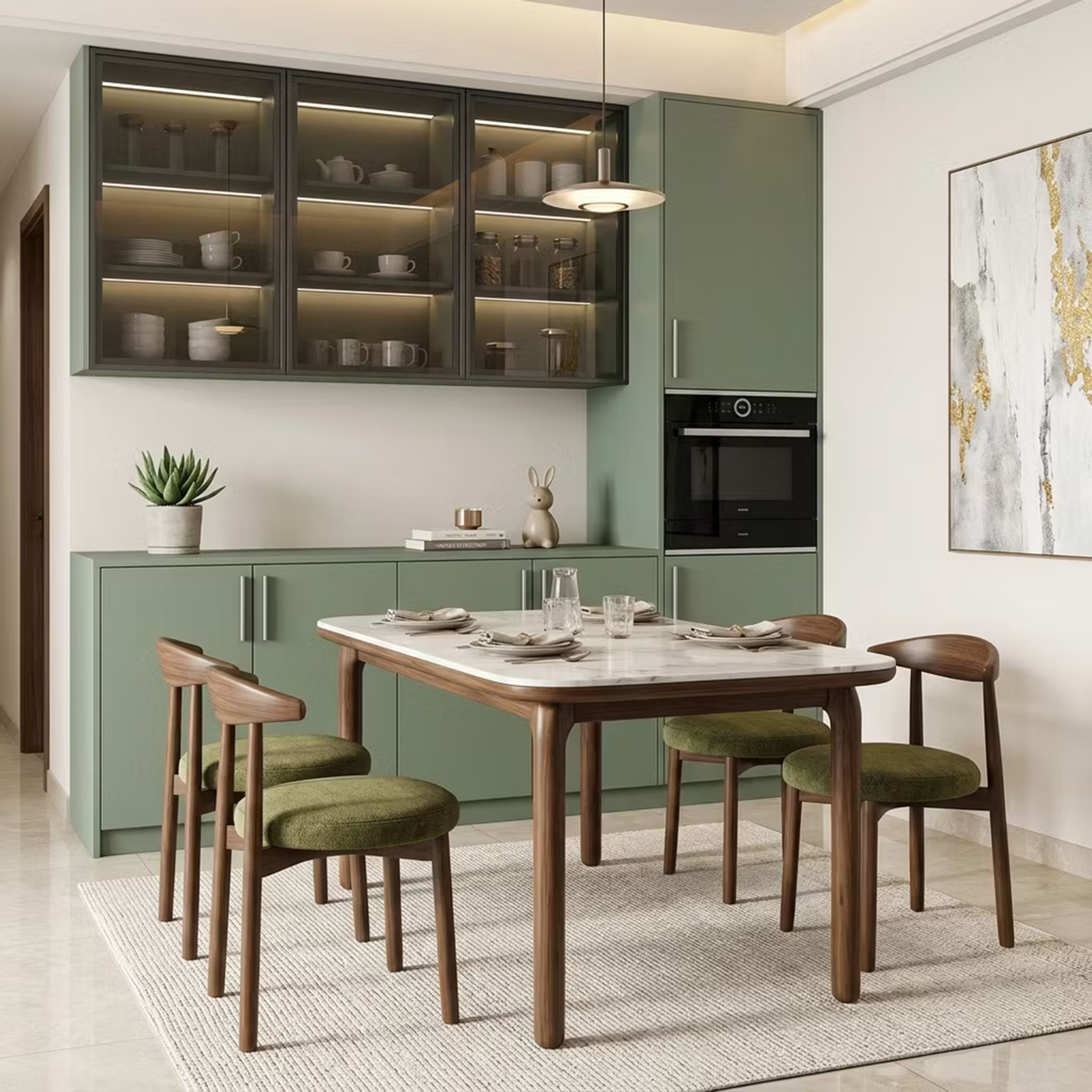 Scandinavian Dining Room Design with Sage Green Cabinetry and Marble Table