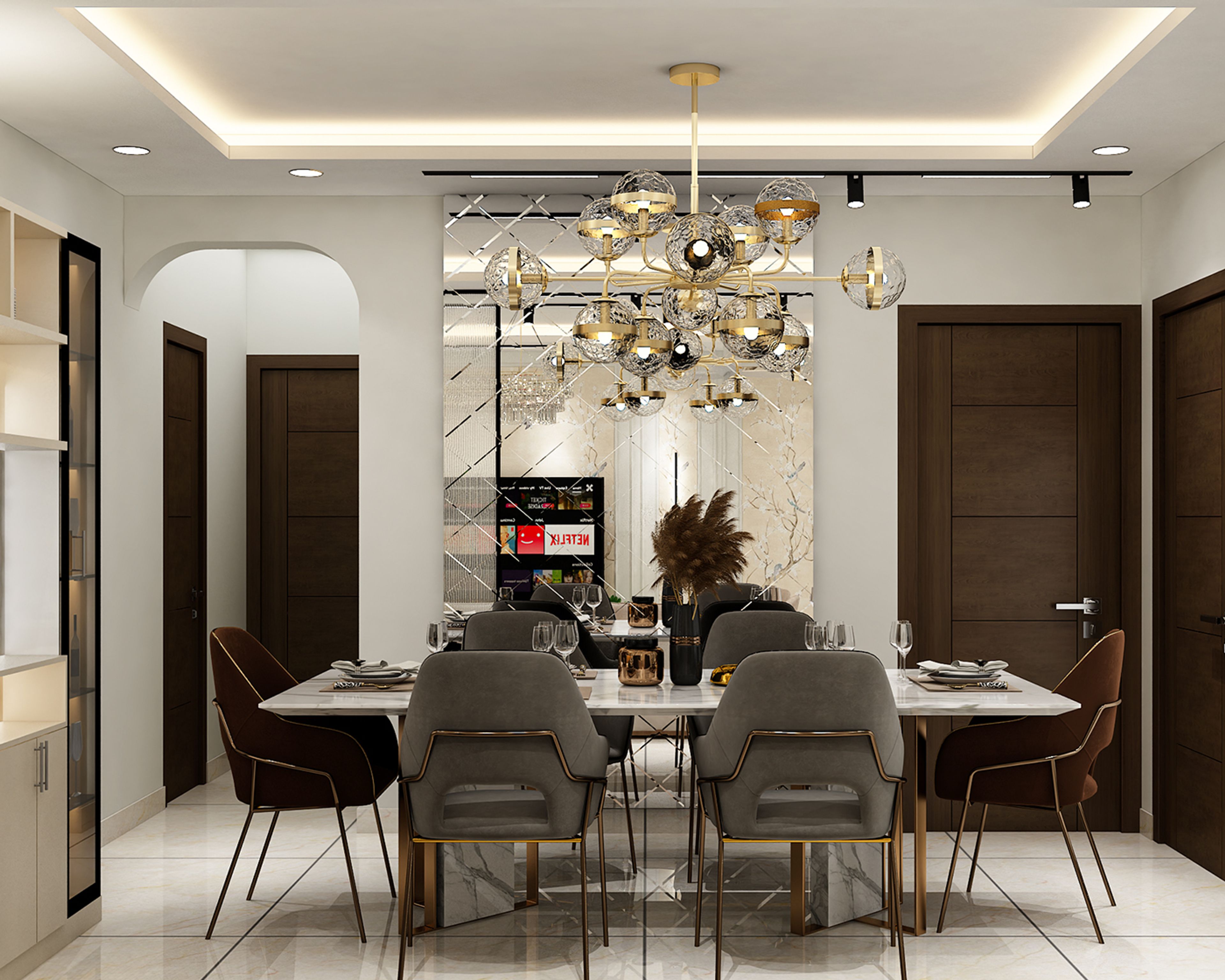 Luxury Dining Room with Backlit Crockery Cabinet and Two-Tone Velvet Chairs