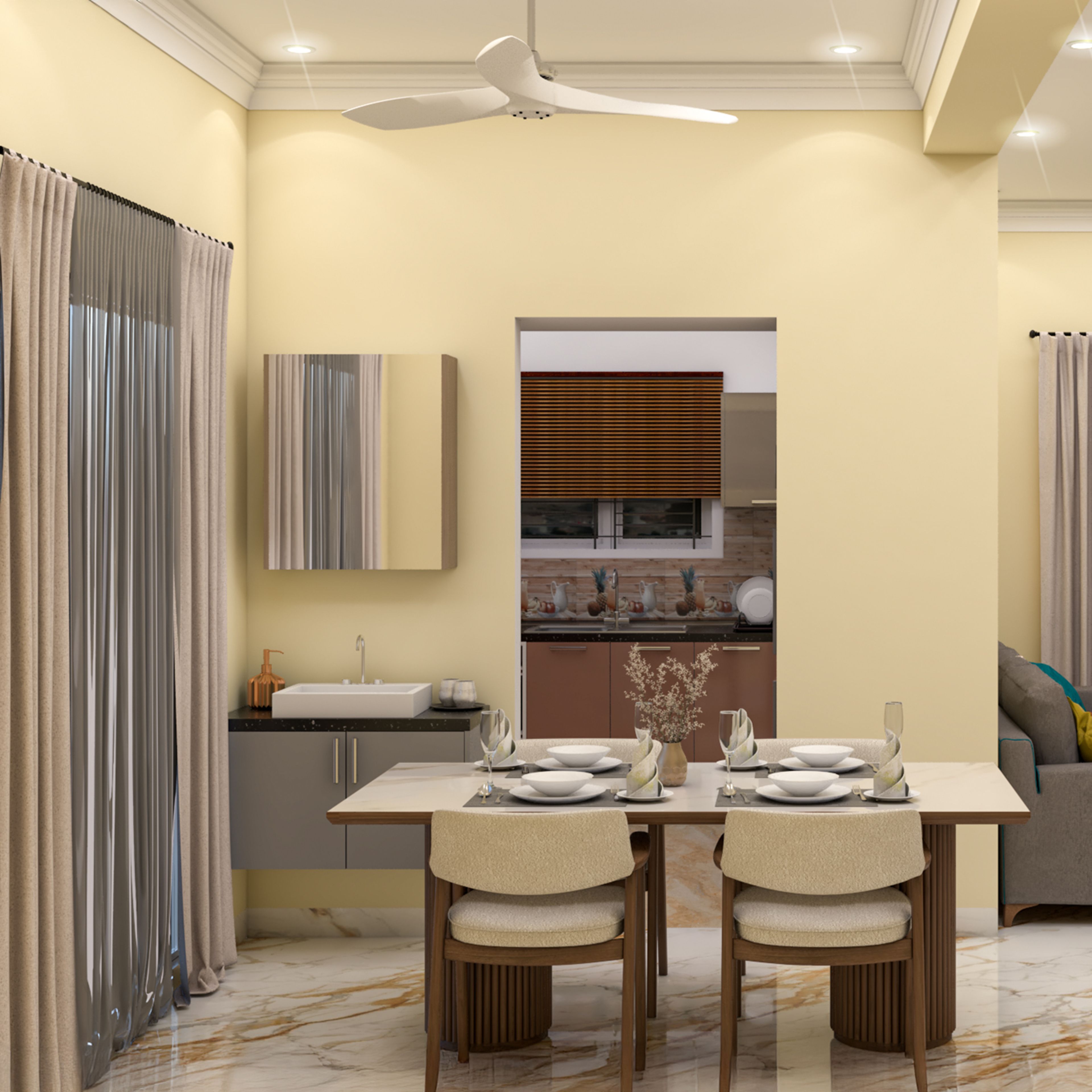 Dining Room with Marble Table, Fluted Wood Pedestal and Cream Chairs