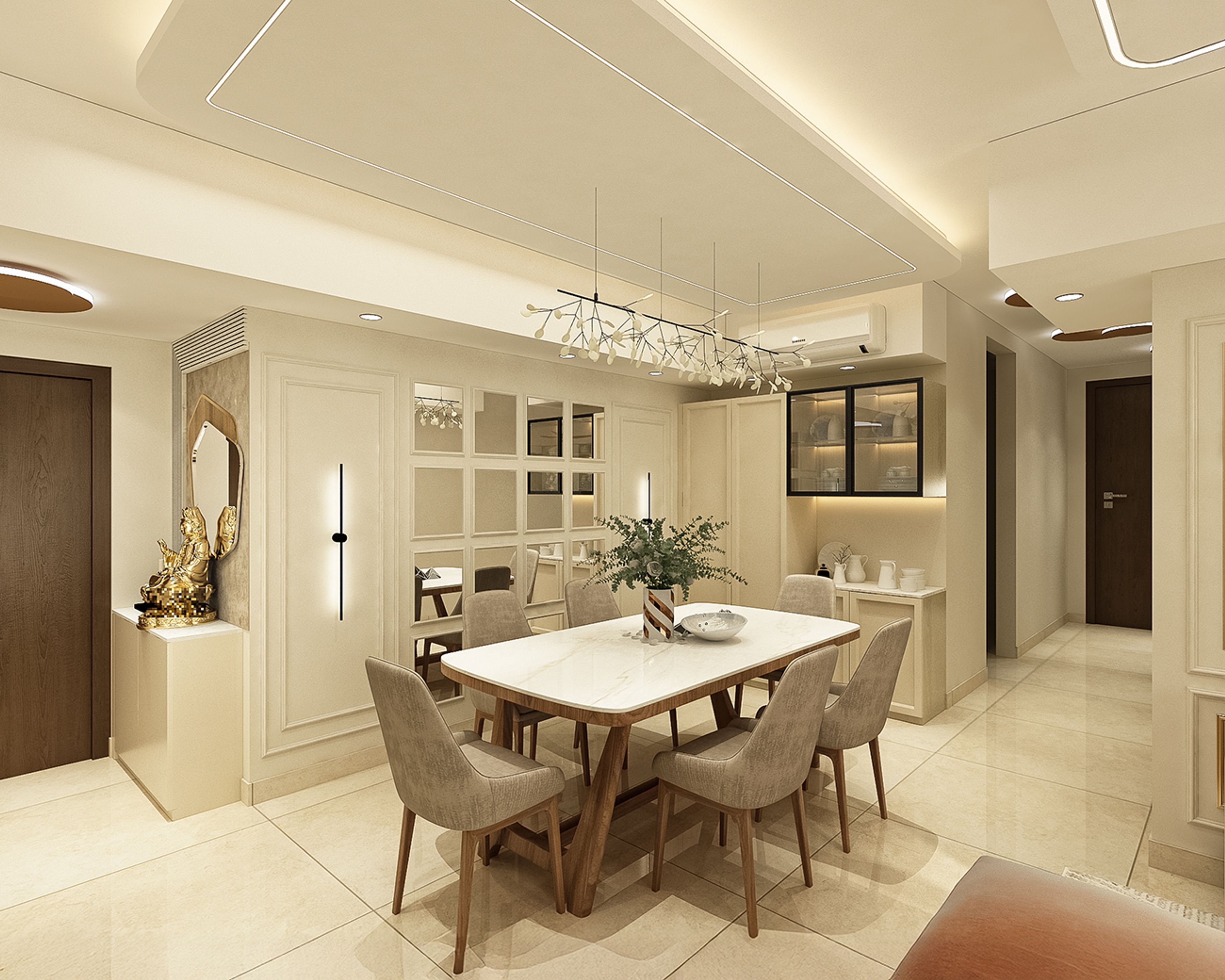 Single Layer Gypsum False Ceiling with Cove Lighting and Chandelier
