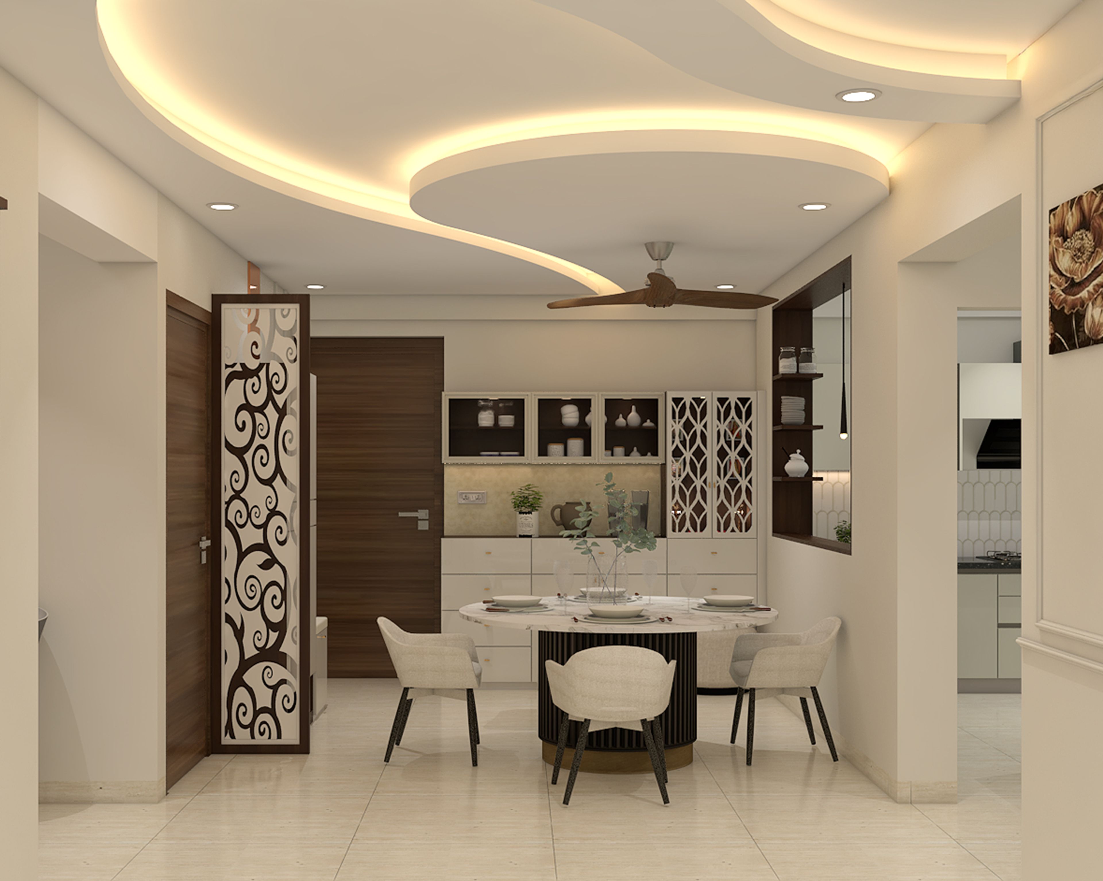 Single Layer Curvilinear Gypsum False Ceiling with Cove Lighting and Spotlights
