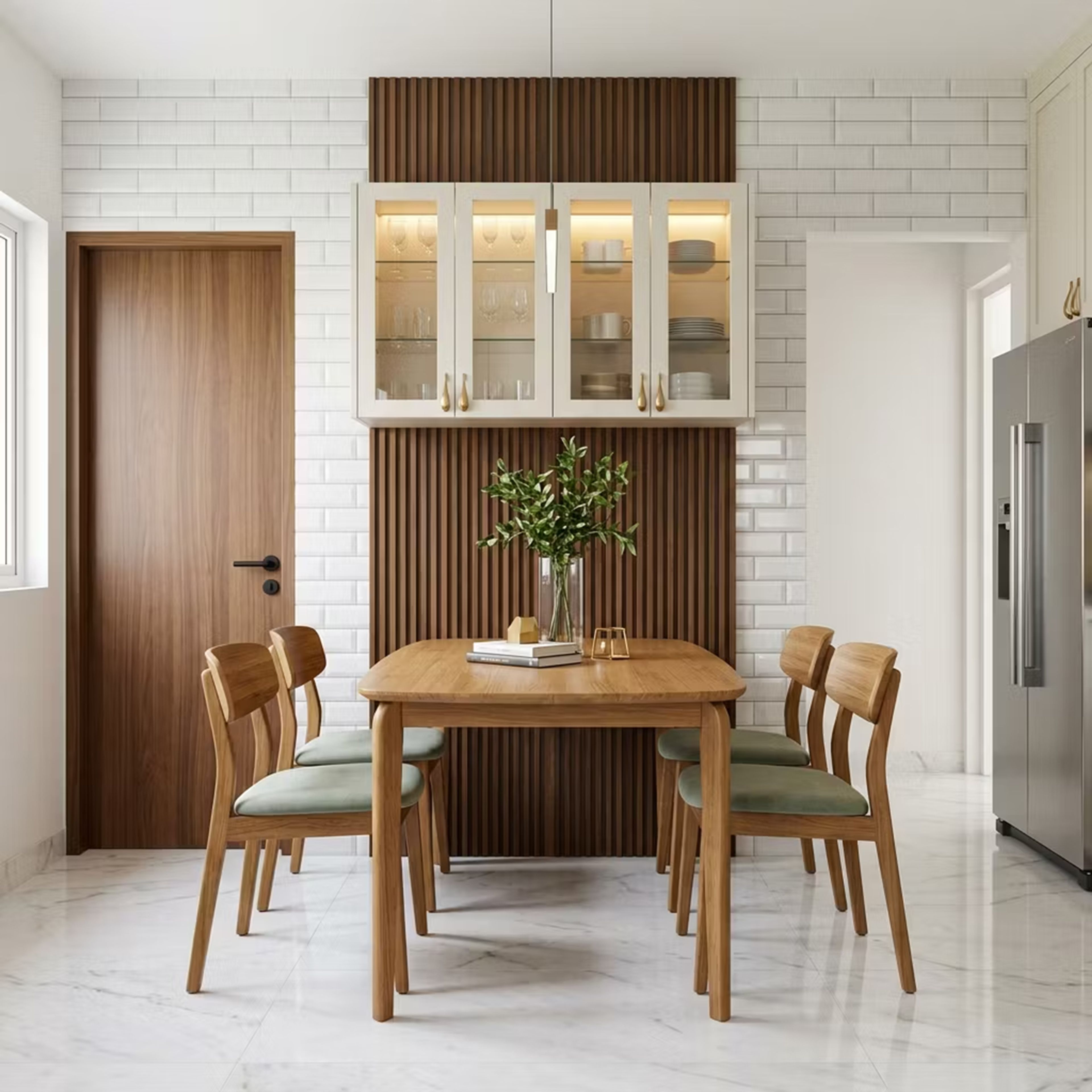 Dining Nook with Oak Table, Sage Chairs and Floating Glass Cabinet