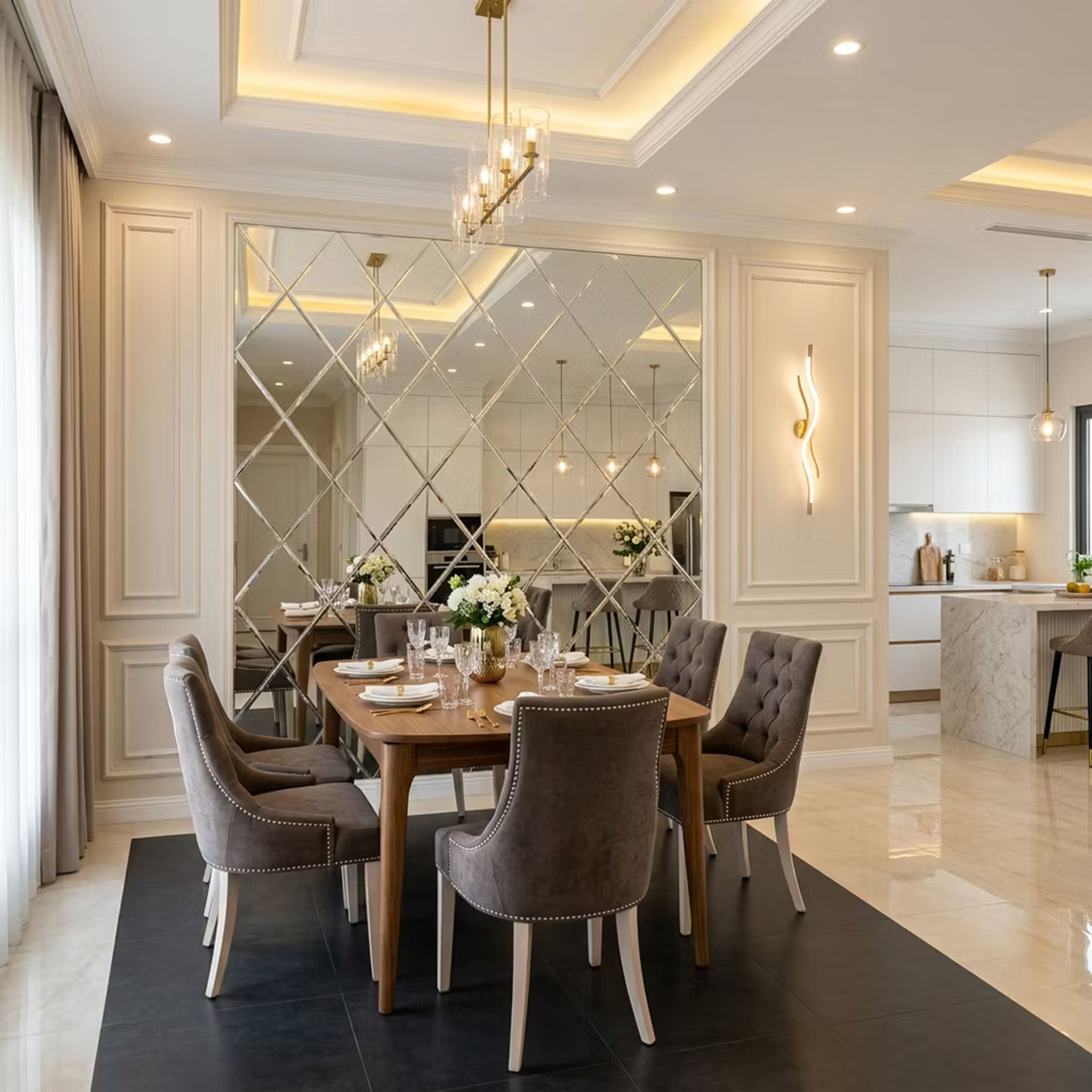 Dining Room with Tufted Velvet Chairs, Wooden Table and Mirrored Wall