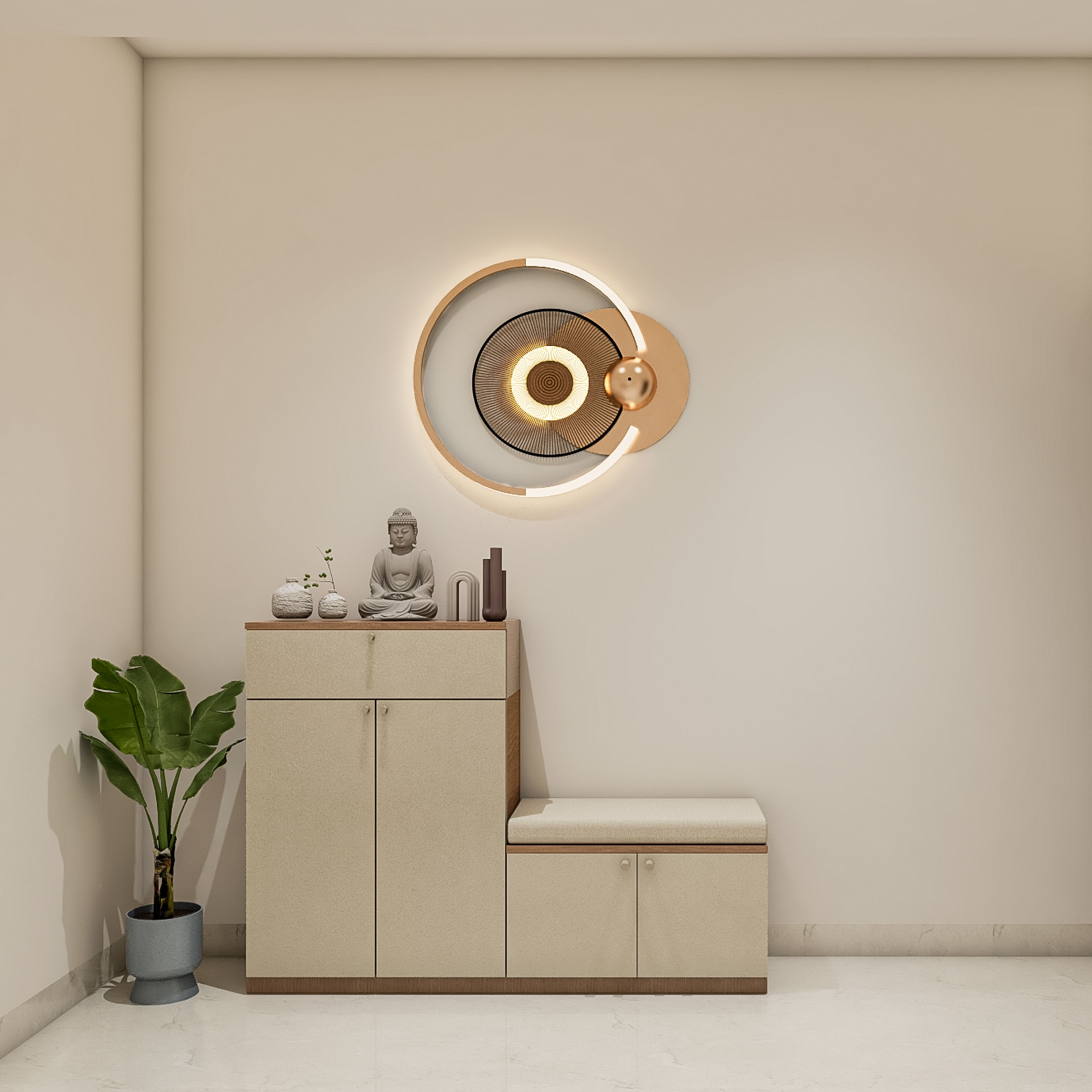 Modern Foyer Design with Futuristic Circular LED Wall Sculpture and Bench