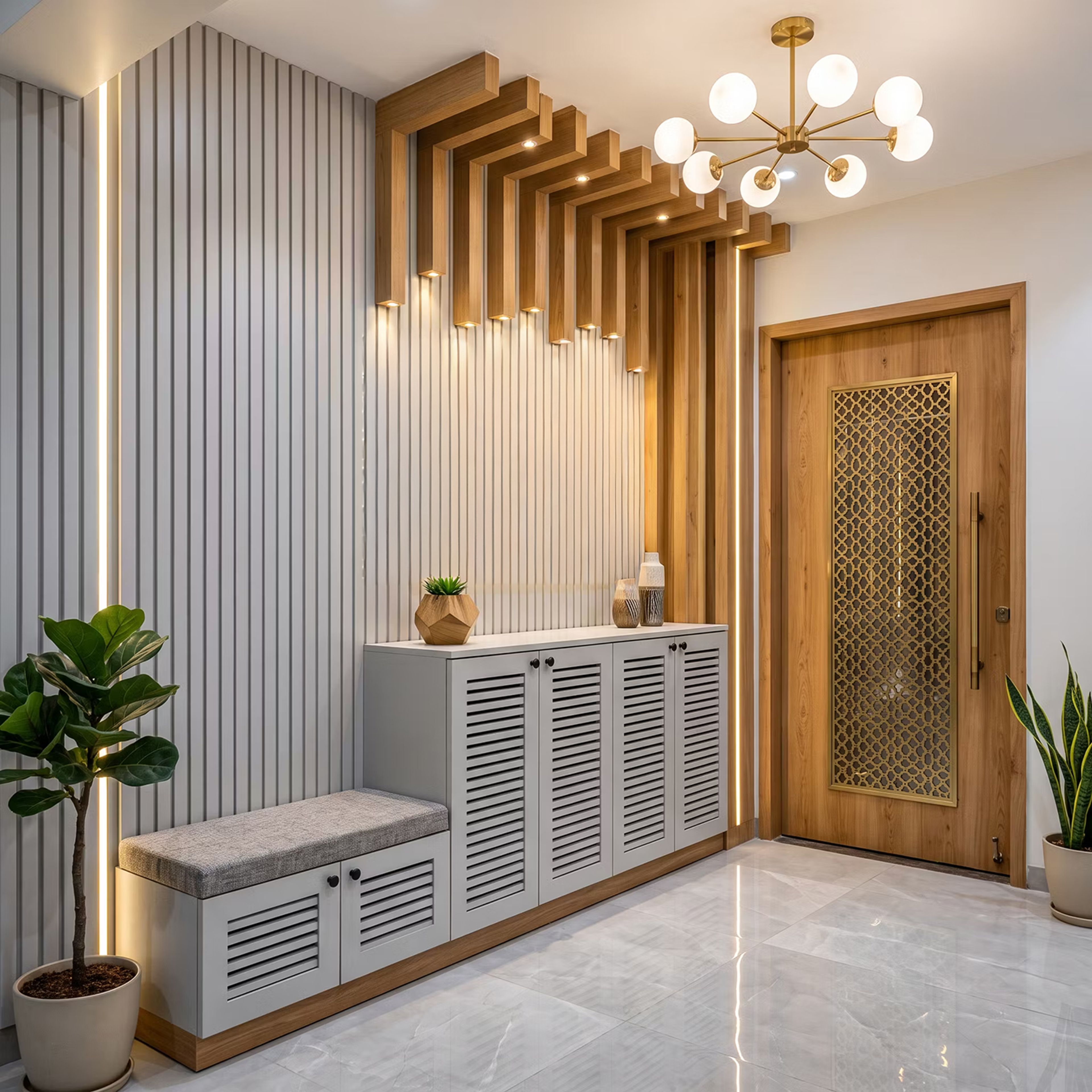 Scandinavian Foyer Design with Ceiling Rafters and Sputnik Brass Chandelier