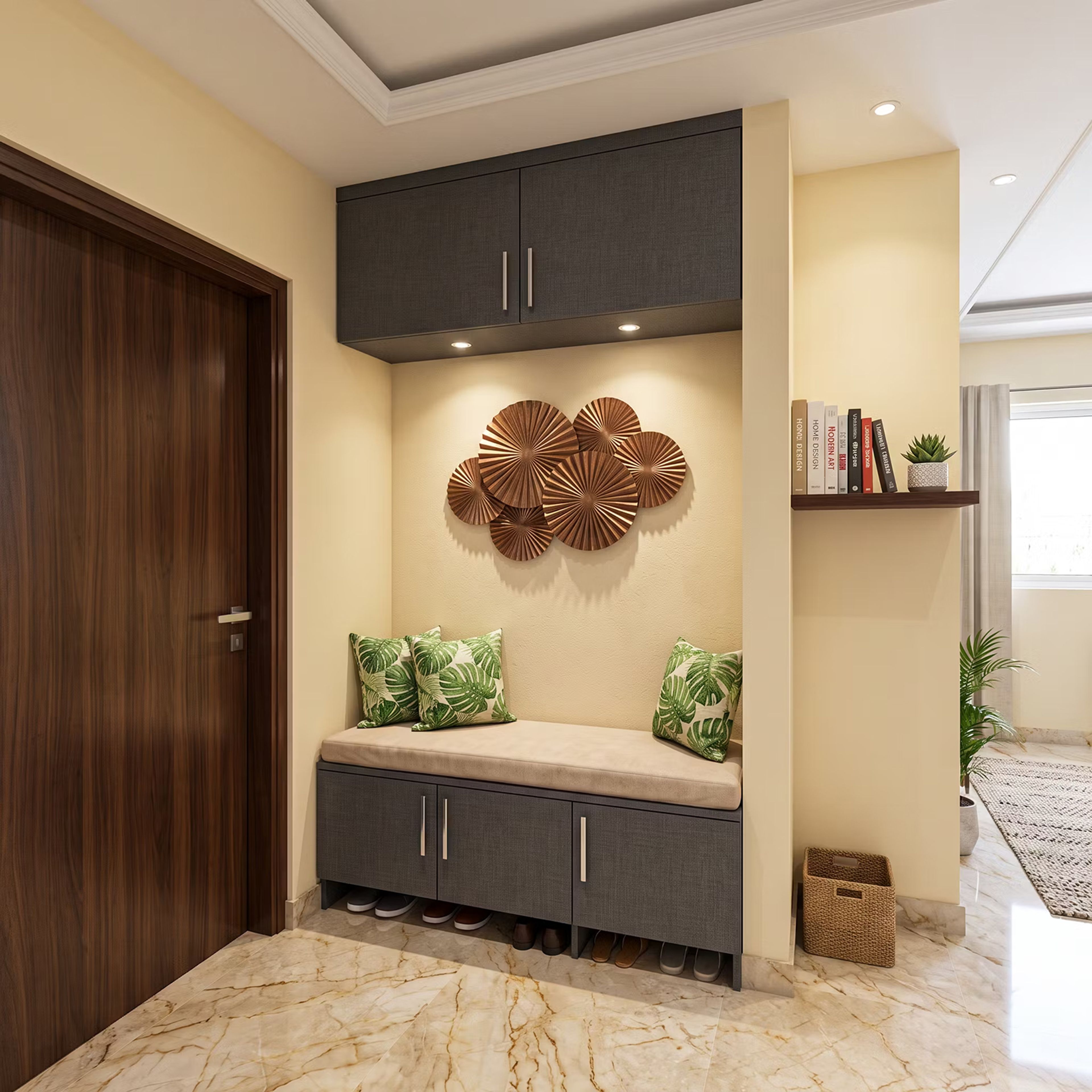 Tropical Foyer Design with Cushioned Bench and Fan Metal Sculpture