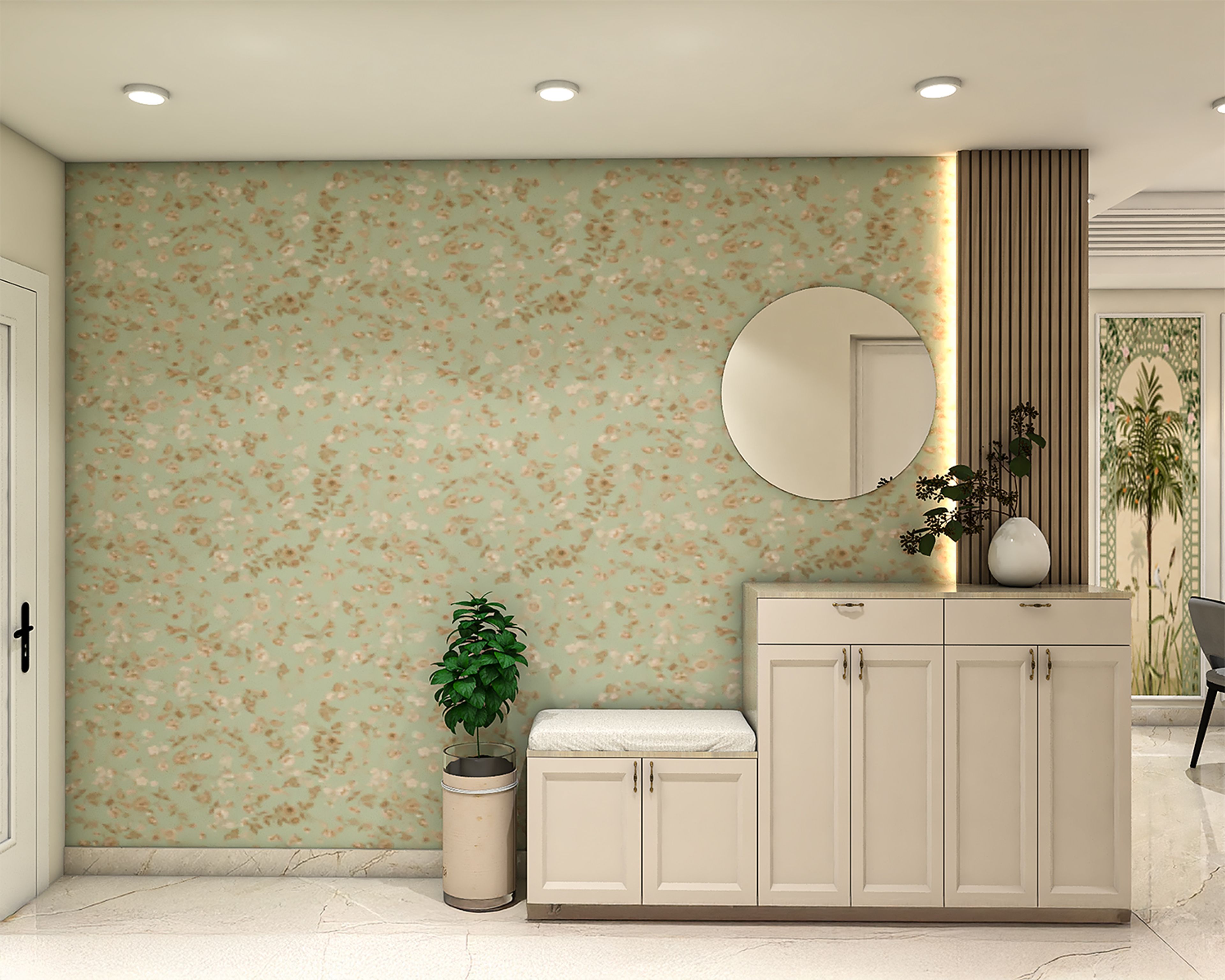 Micro Floral Ditsy Print Foyer Wallpaper Design in Green