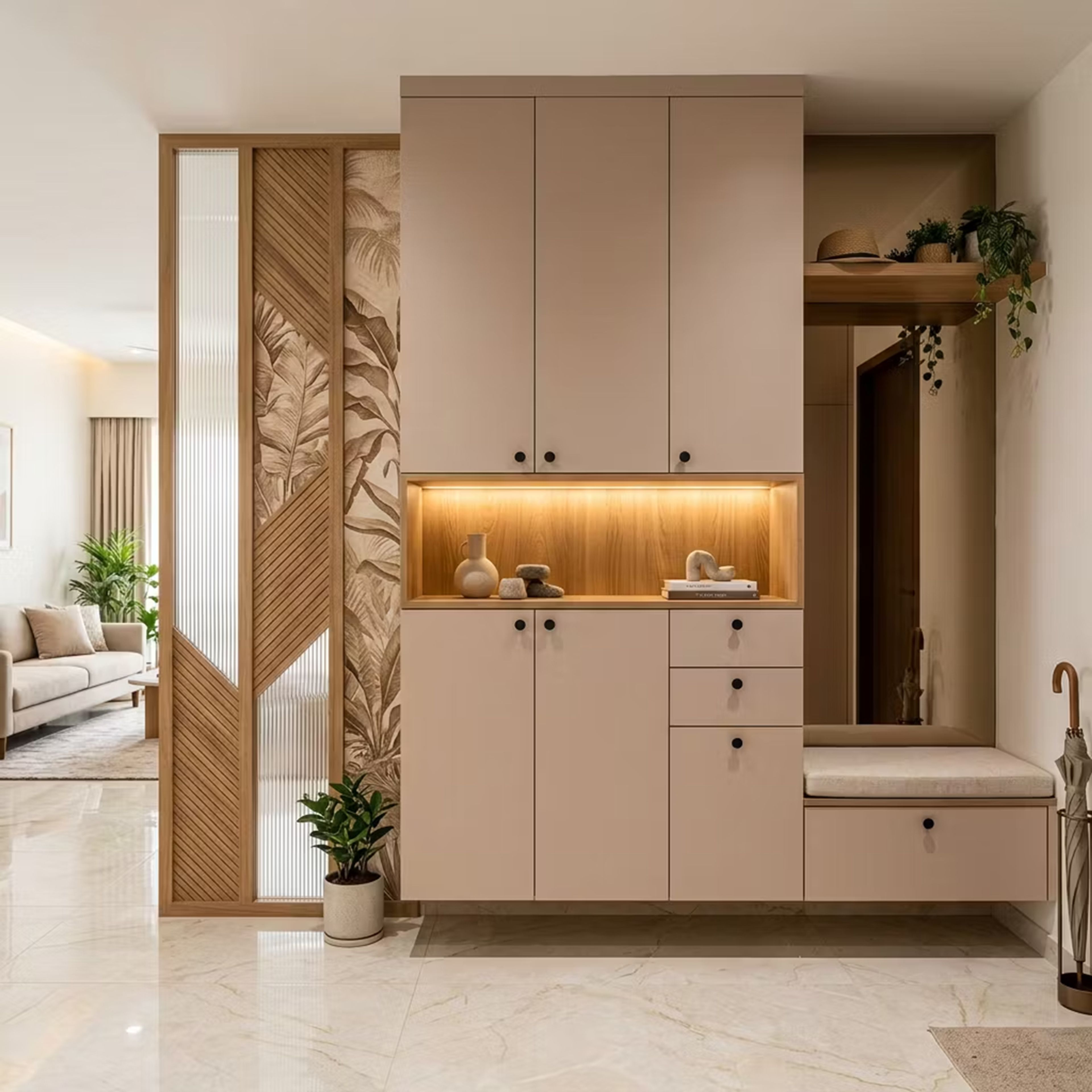 Light Beige Foyer Design with Glass Partition Screen and Integrated Bench