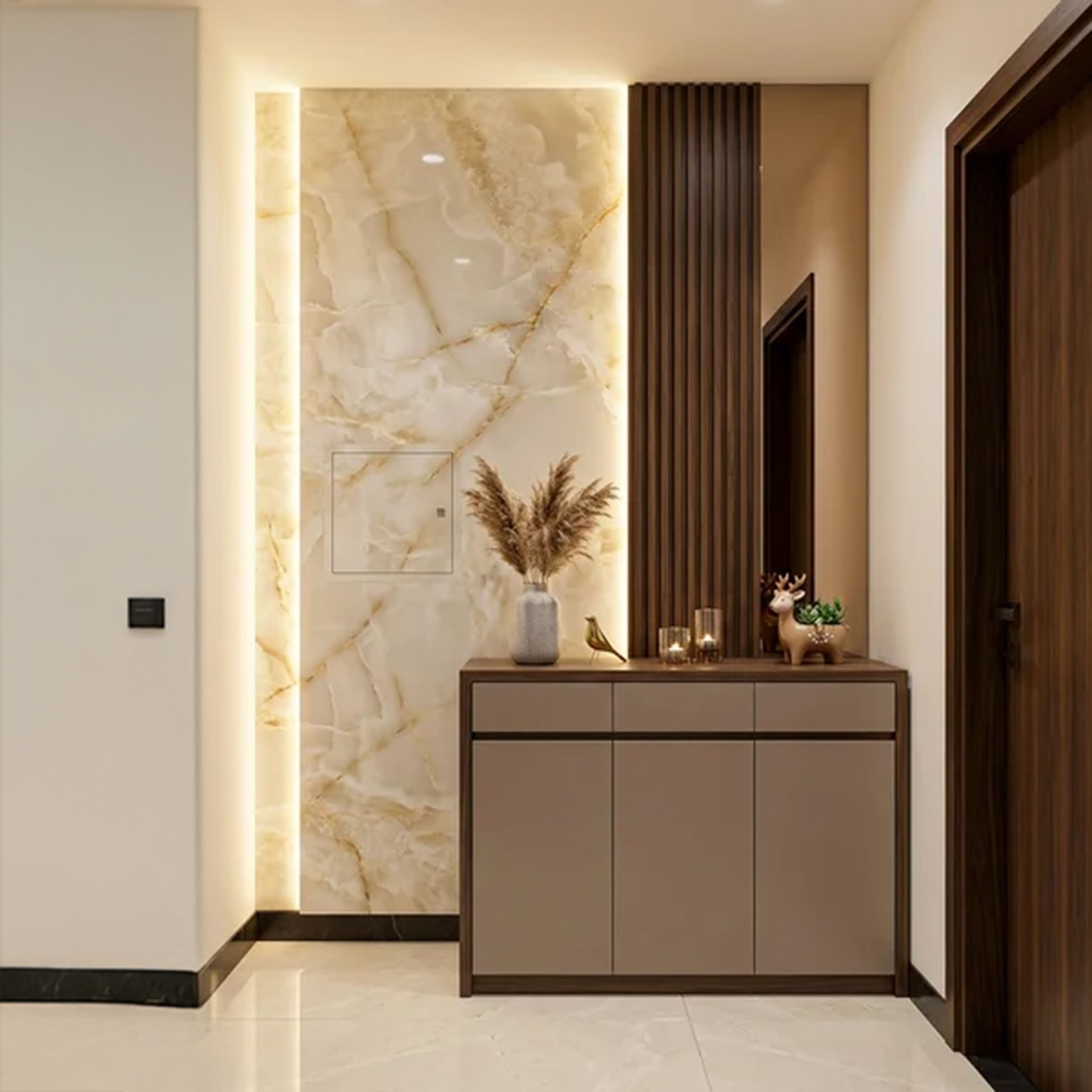 Irish Cream Foyer Design with Backlit Stone Slab and Dark Wood Slats