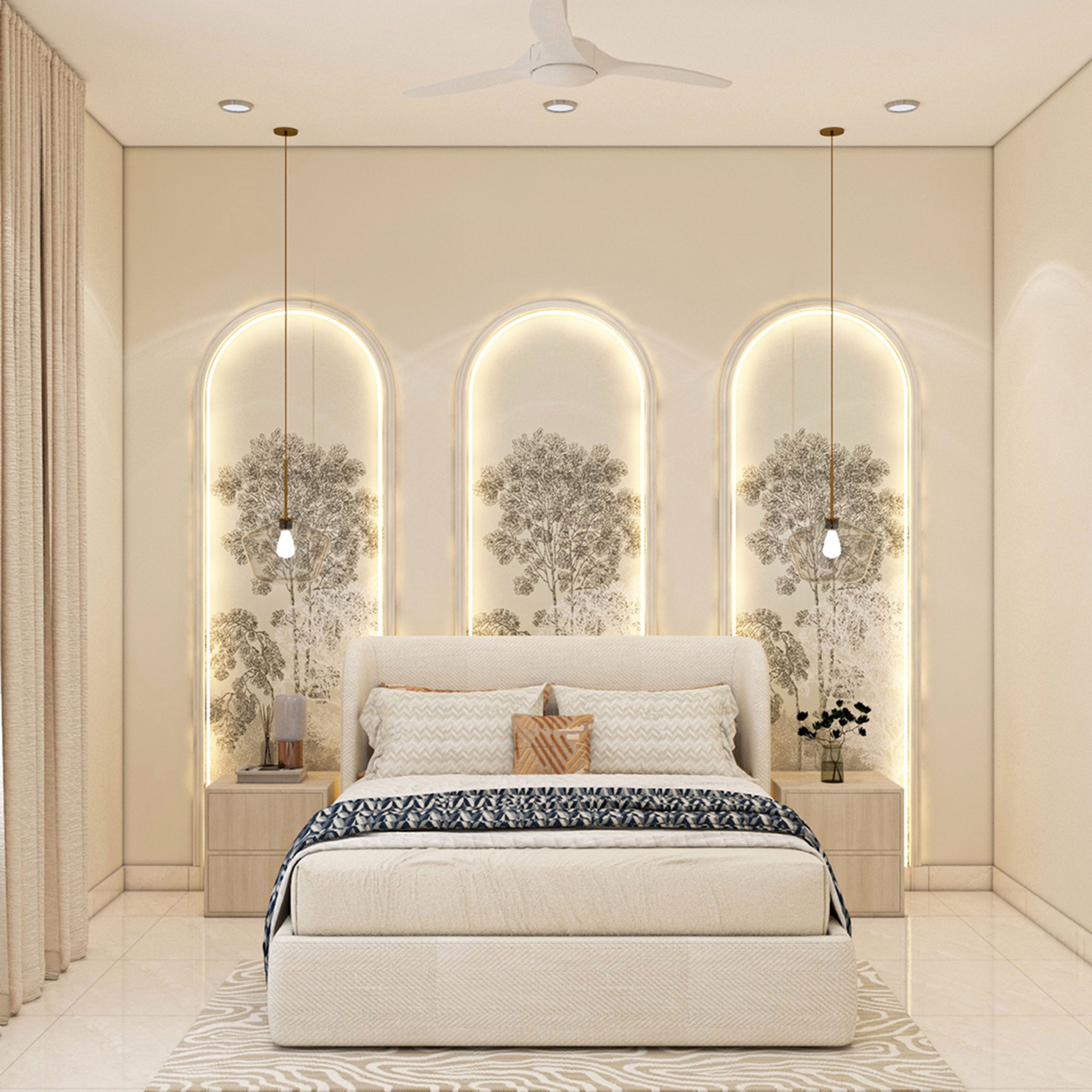 Cream Classic Guest Bedroom Design with Winged Headboard and Nightstands