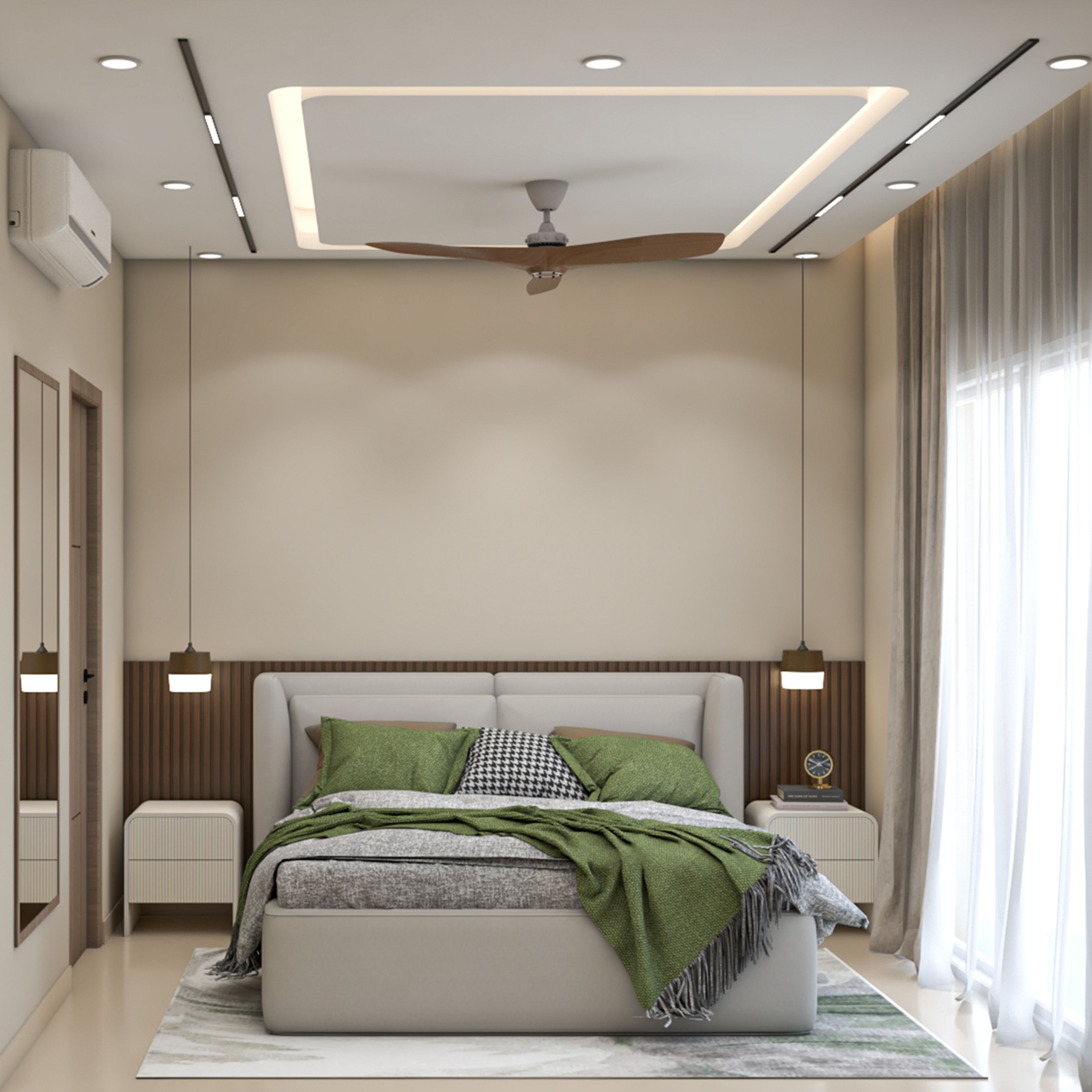 Contemporary Guest Bedroom Design with Wooden Slat Wall Panel Backdrop