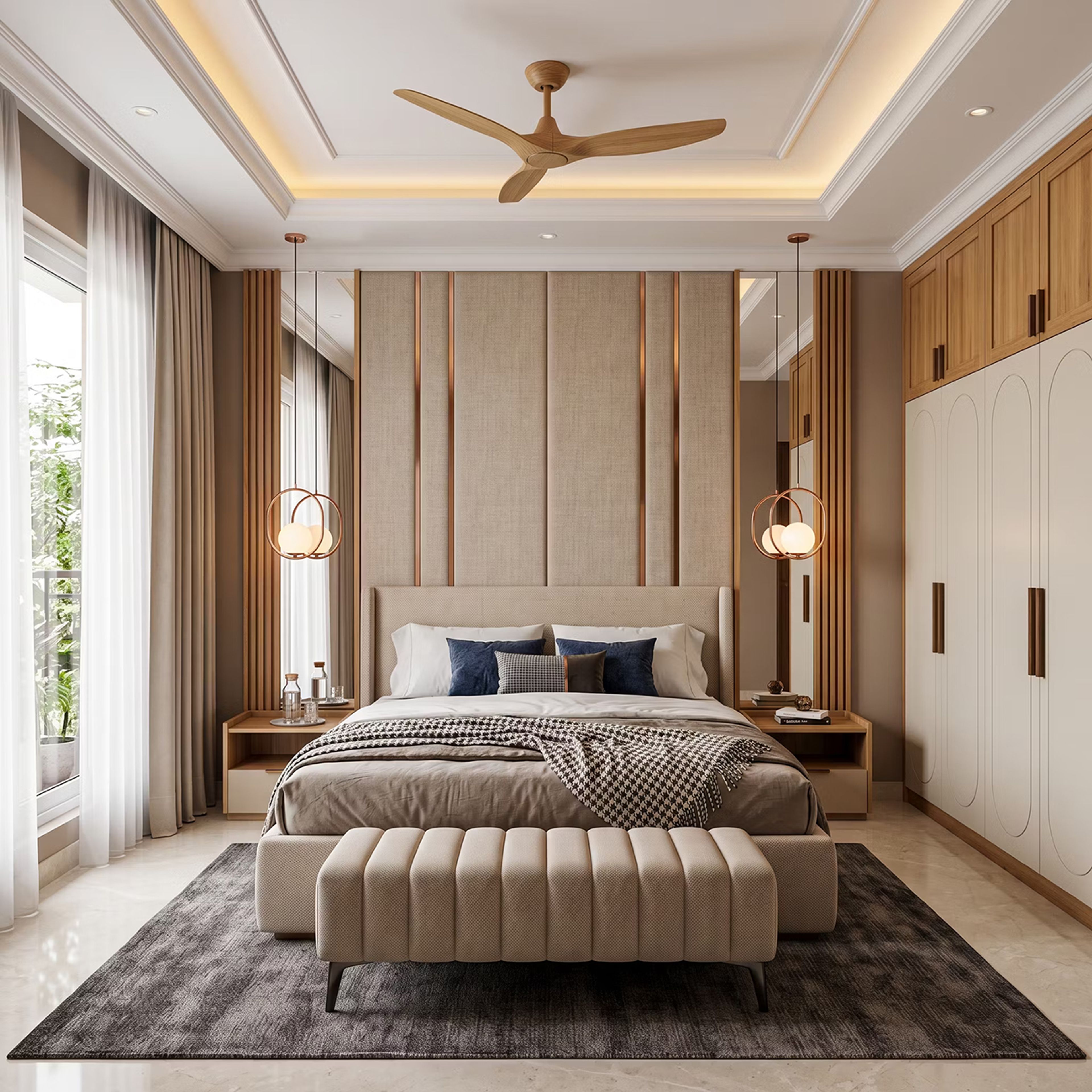 Classic Guest Bedroom Design with Fabric Metal Feature Wall Panel