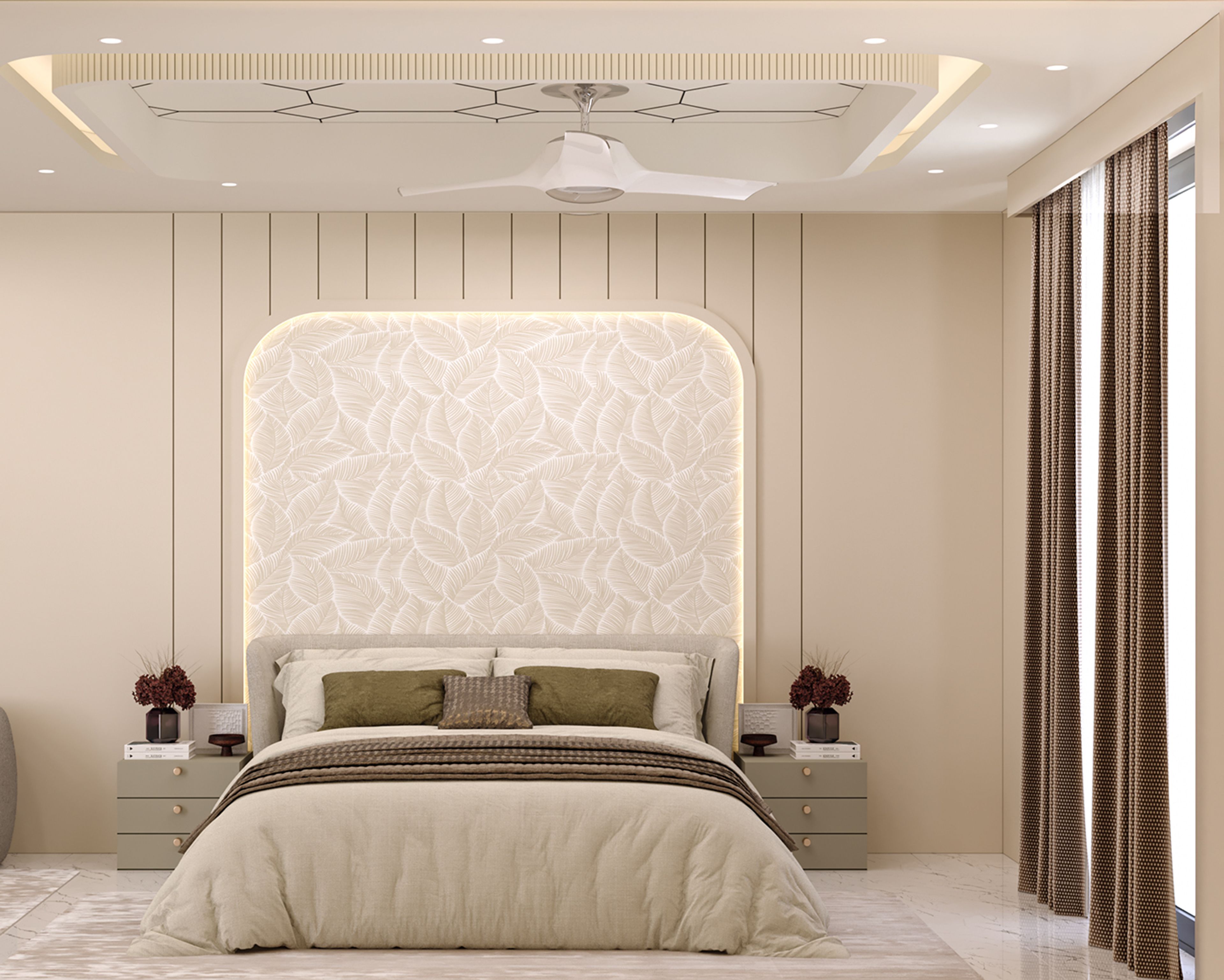 Modern Guest Bedroom Design with Padded Bed and Leaf Pattern Feature Wall