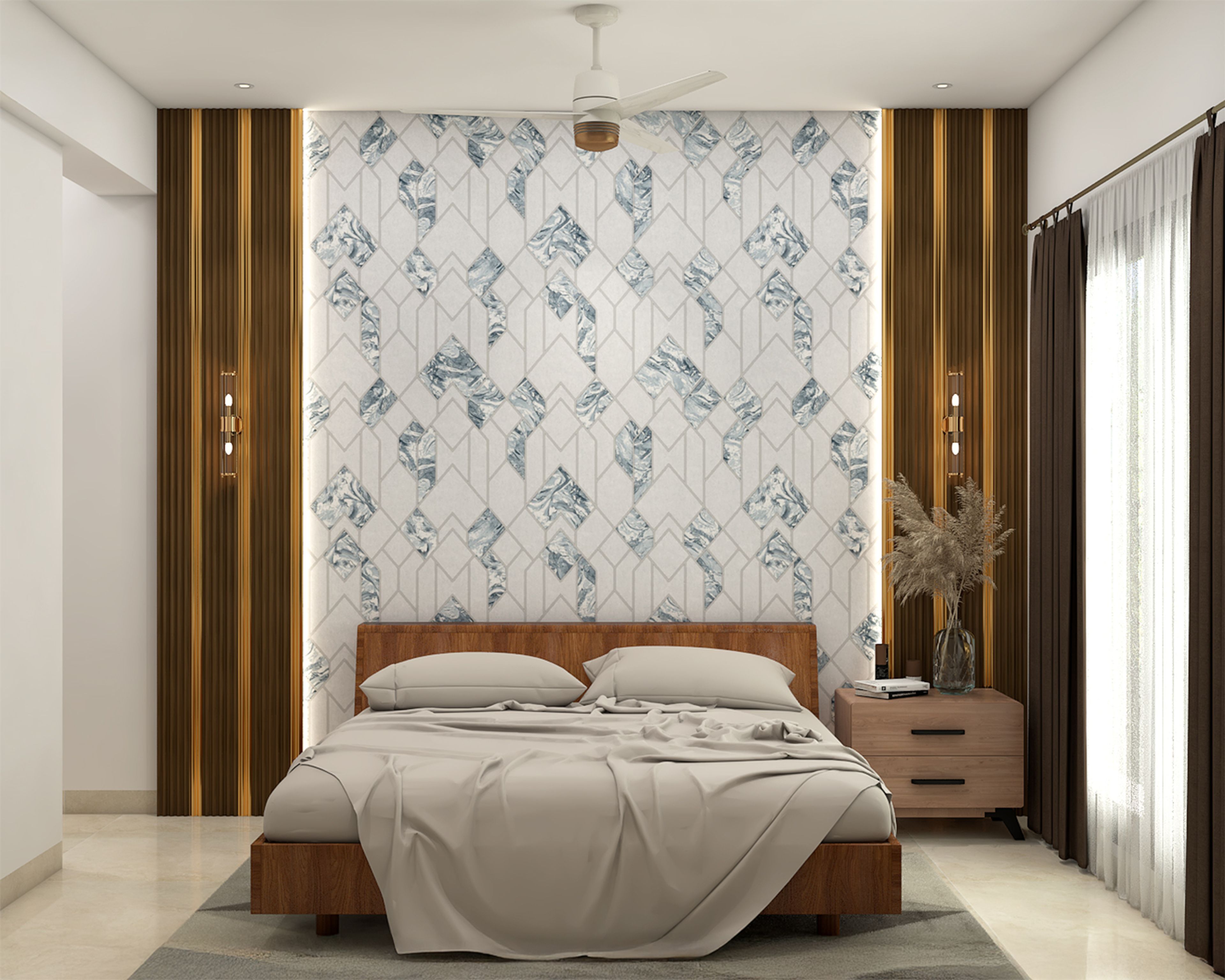 Contemporary Guest Bedroom Design with Timber Platform Bed and Geometric Wallpaper