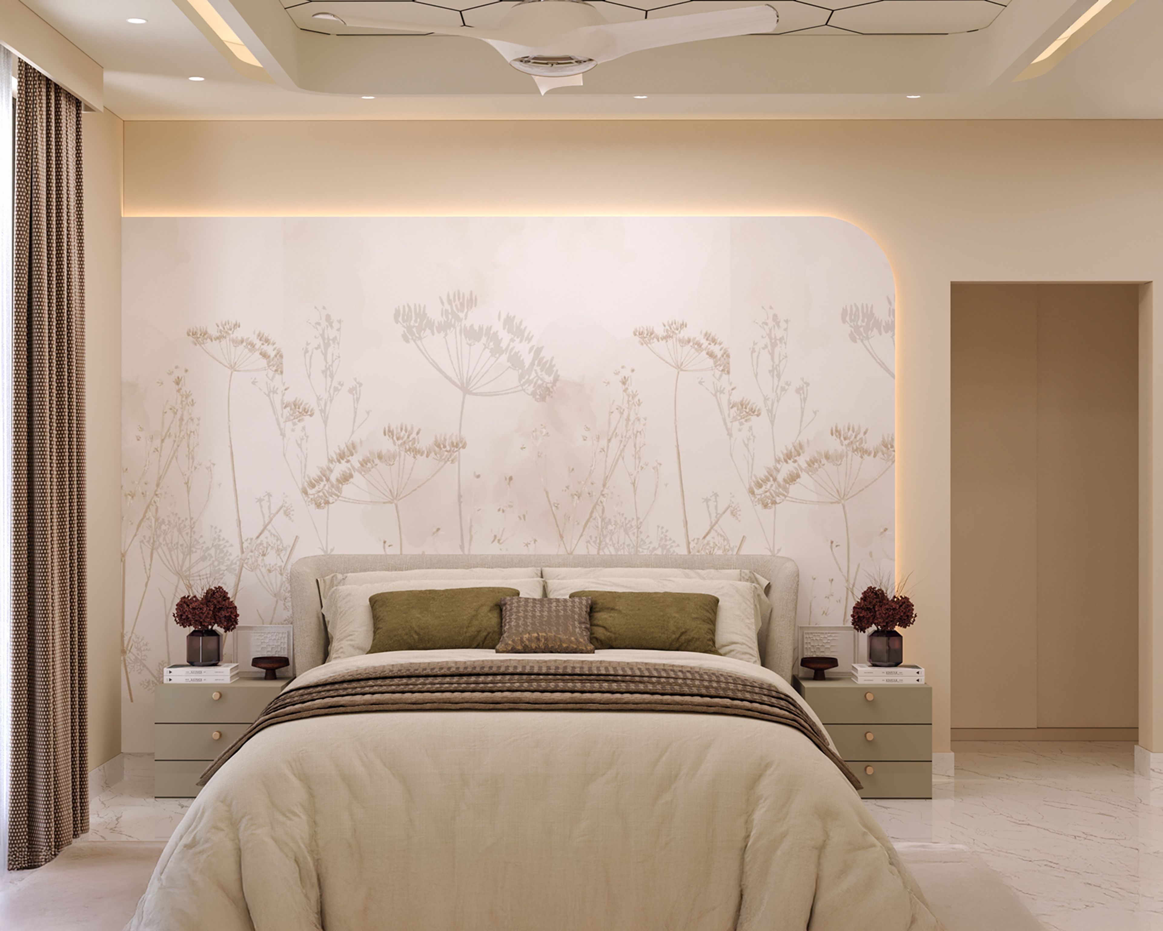 Contemporary Guest Bedroom Design with Curved Headboard and Botanical Silhouette Wall