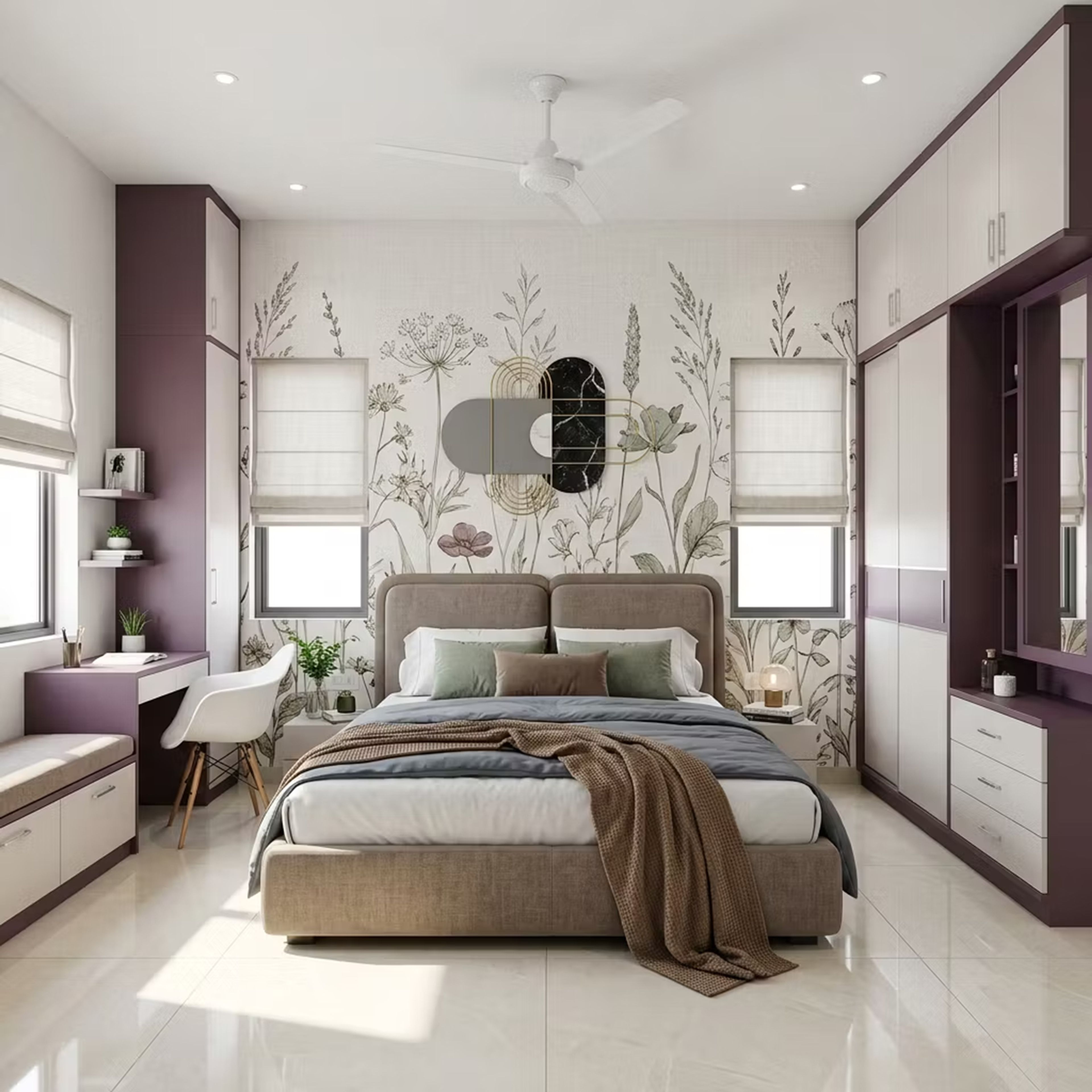 Botanical Bedroom Wallpaper Design in Off-White and Green