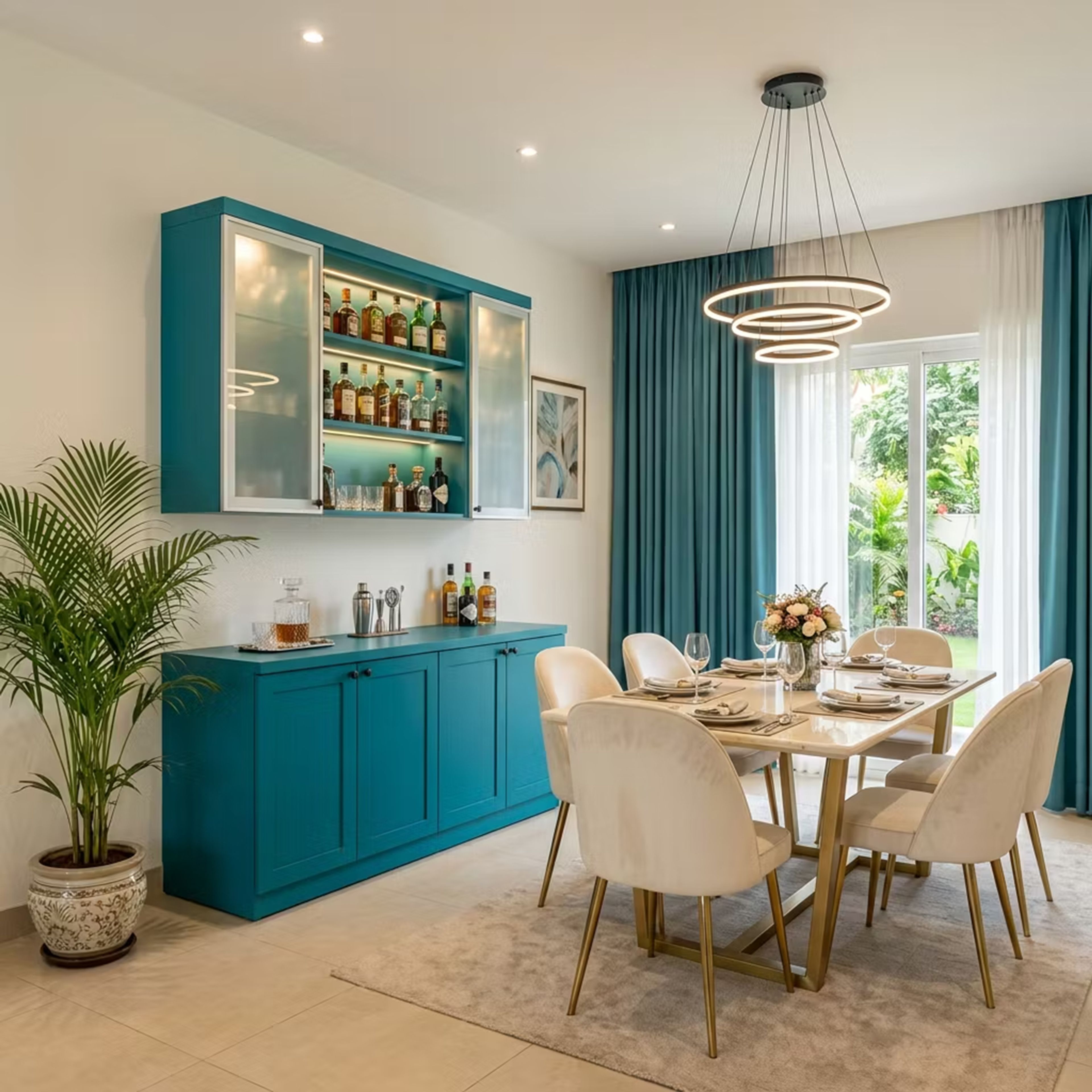 Blue Transitional Home Bar Design with Frosted Glass Cabinets