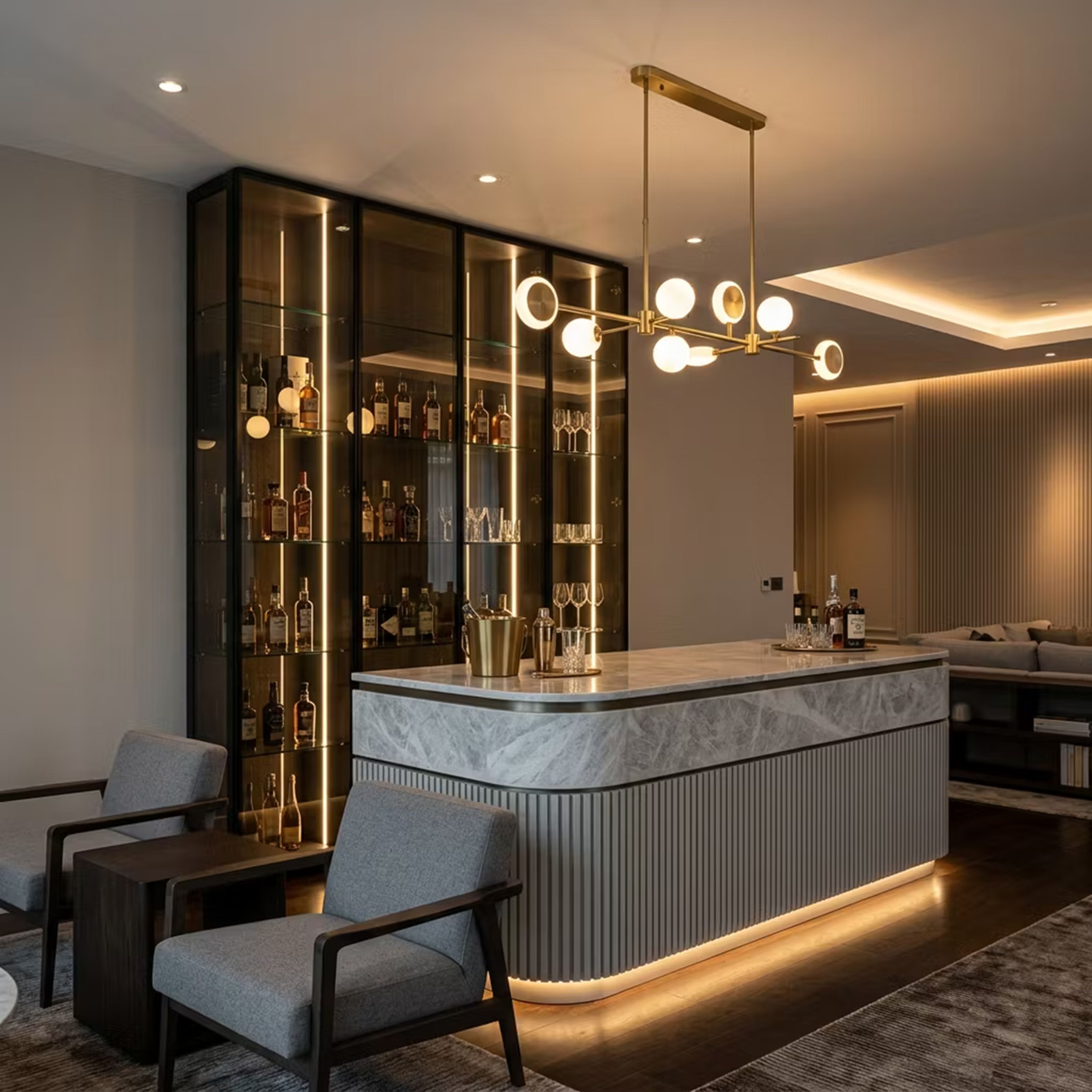 Modern Home Bar Design featuring Full-height LED Glass Cabinet with Waterfall Island
