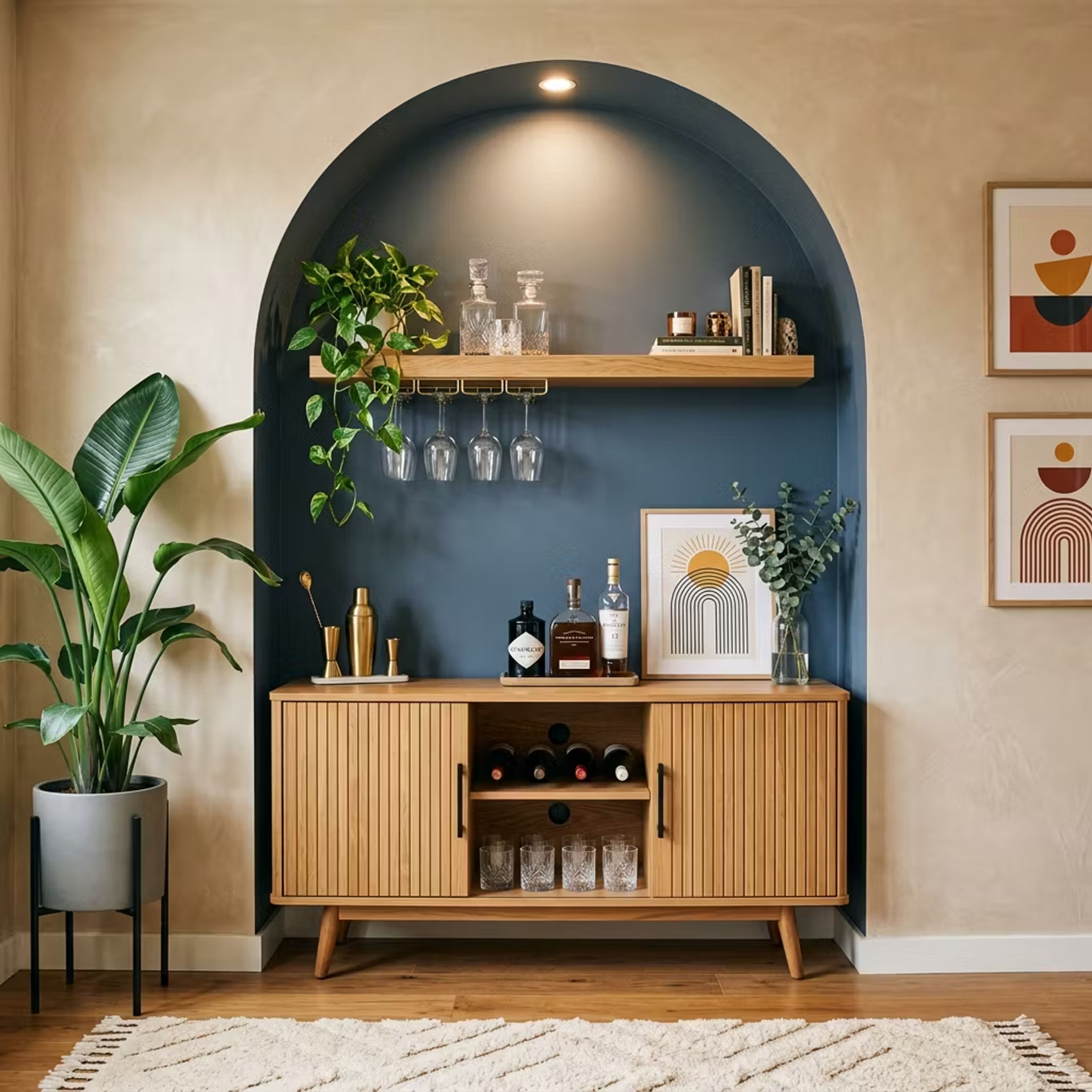 Mediterranean Warm Oak Home Bar Design featuring Fluted Wooden Cabinet Doors