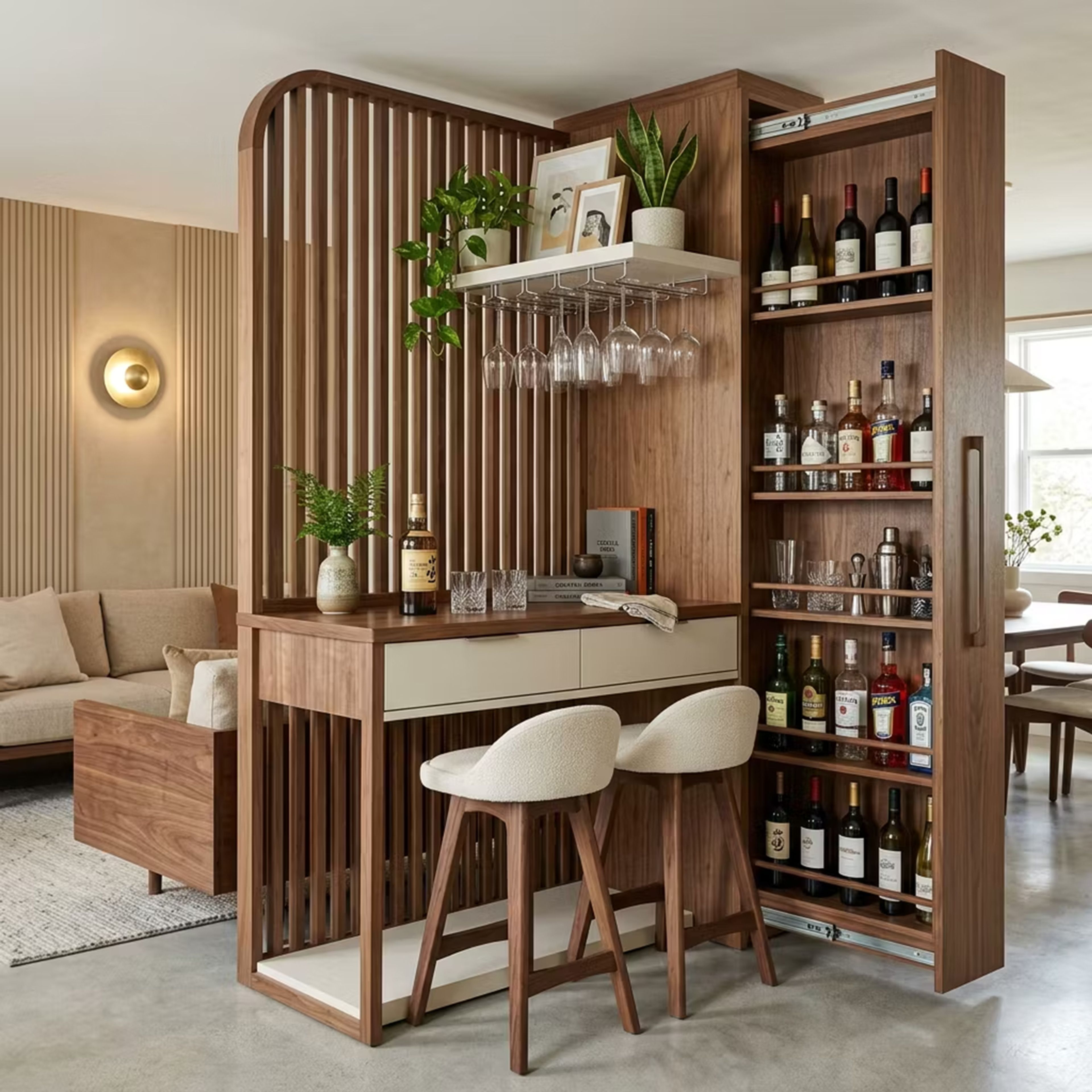 Mid-century Modern Home Bar Design with Vertical Pull-Out and Slat Screen