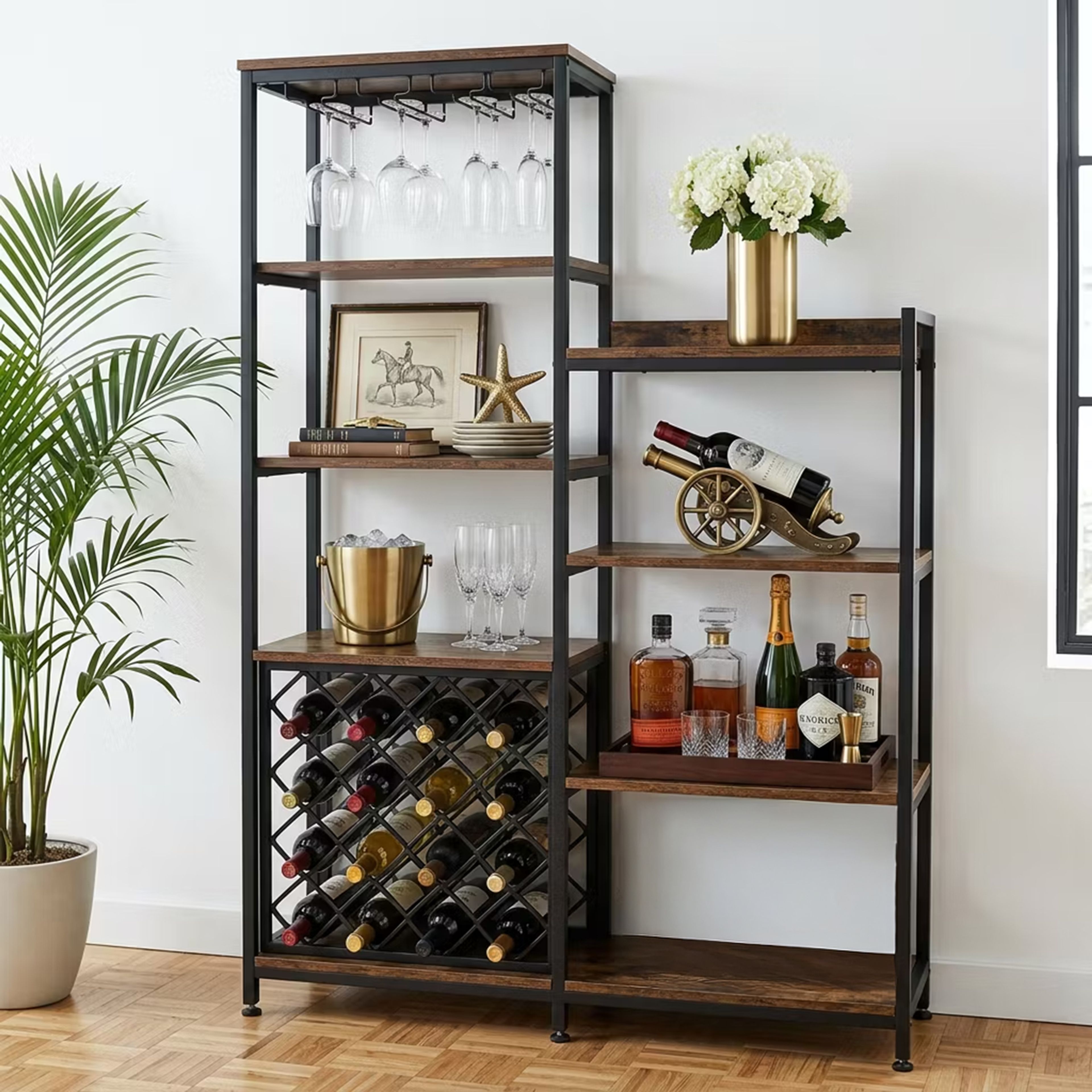 Industrial Wood Home Bar Design with Diagonal Wine Grid and Shelves