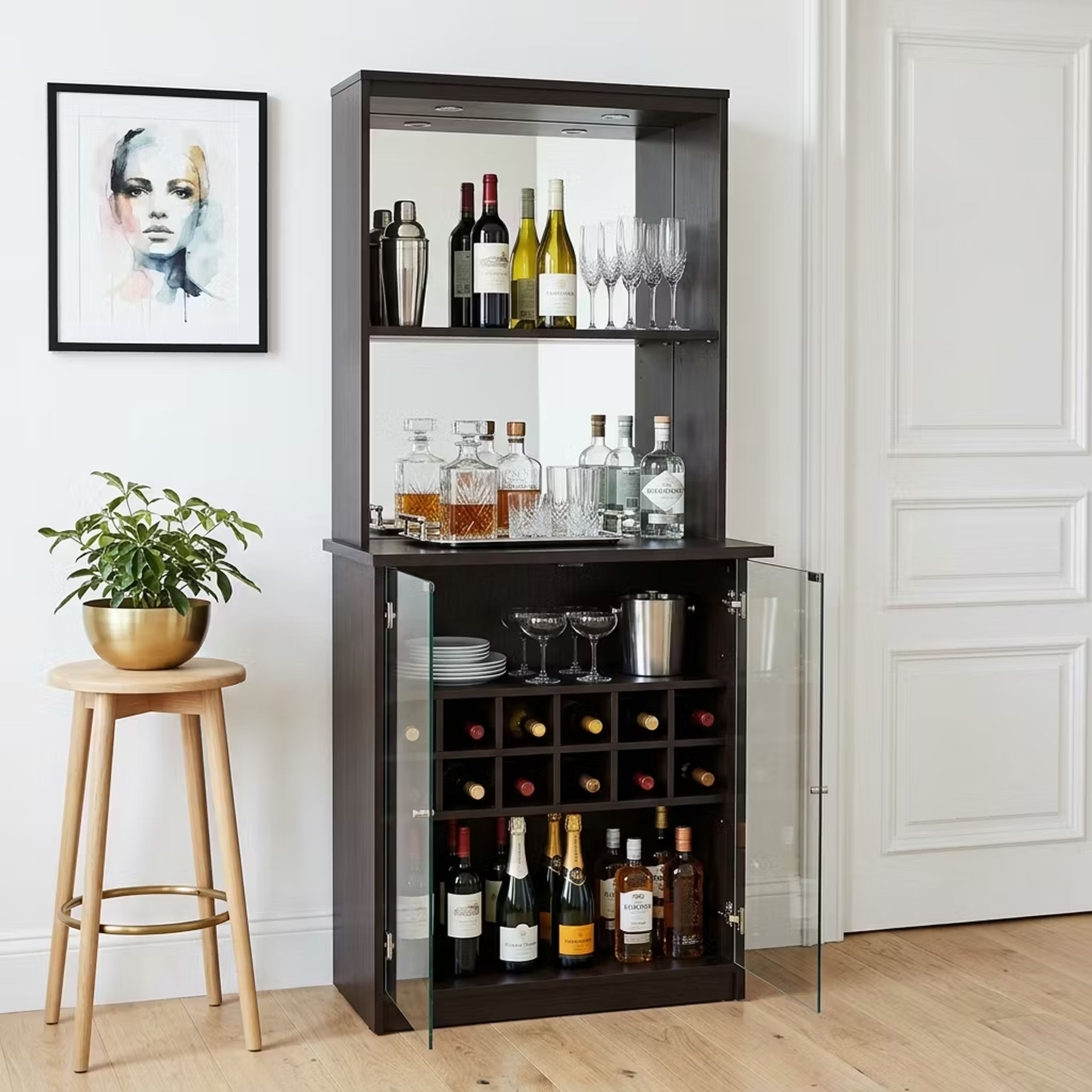 Transitional Walnut Home Bar Design with Mirrored Back and Glass Doors