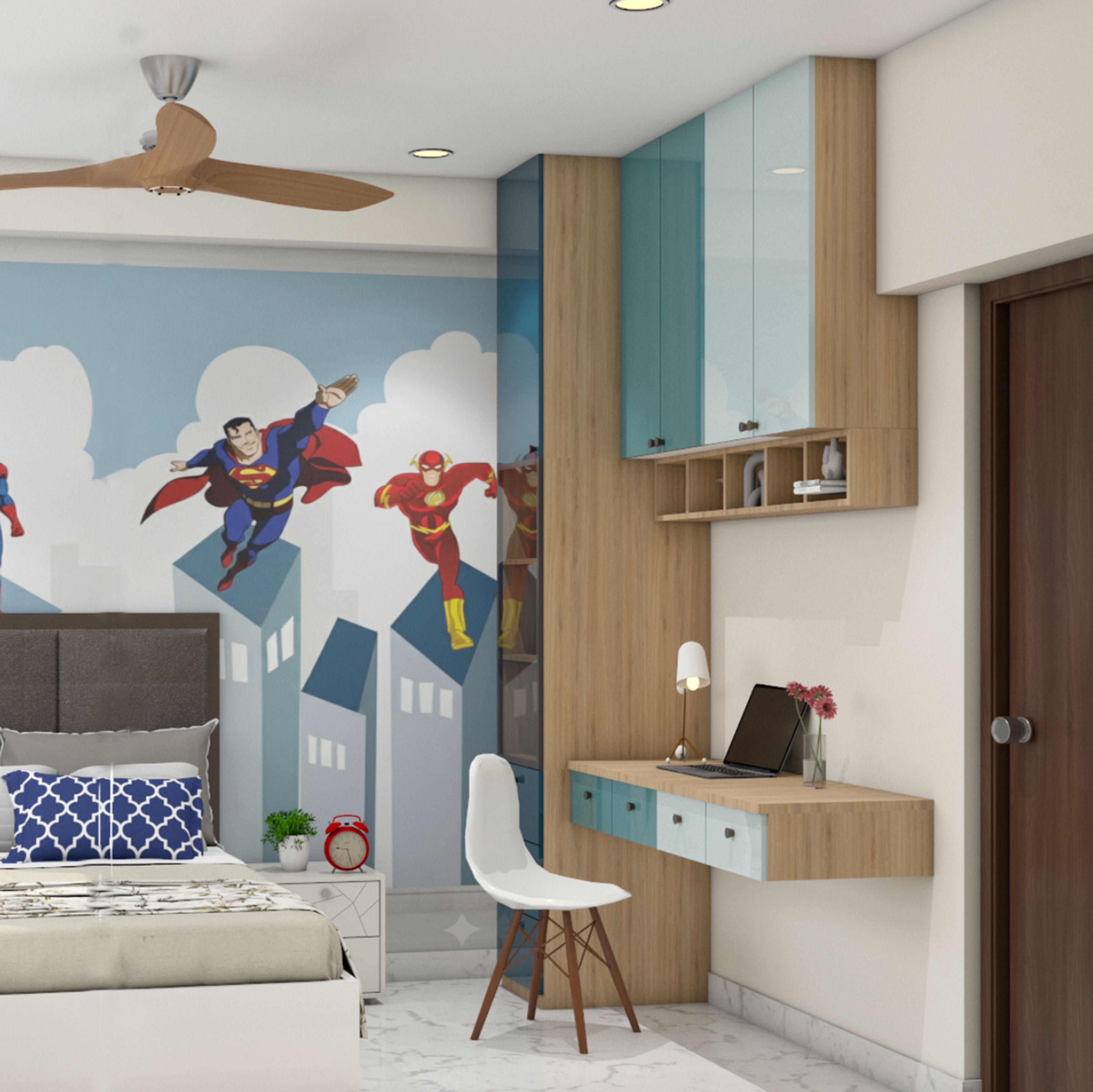 Modern Home Office Design with Superhero Mural and Floating Desk