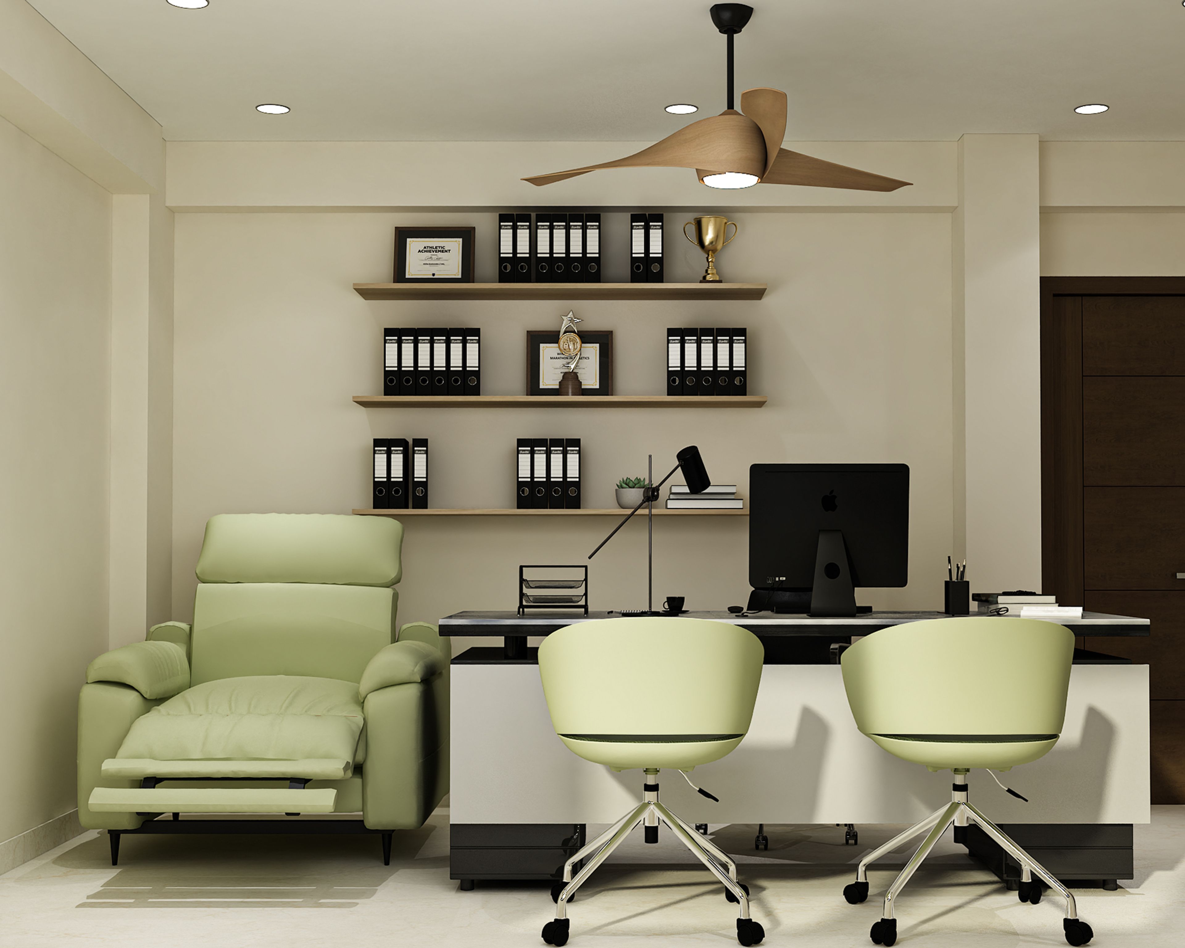 Contemporary Home Office Design with Large Executive Desk and Recliner